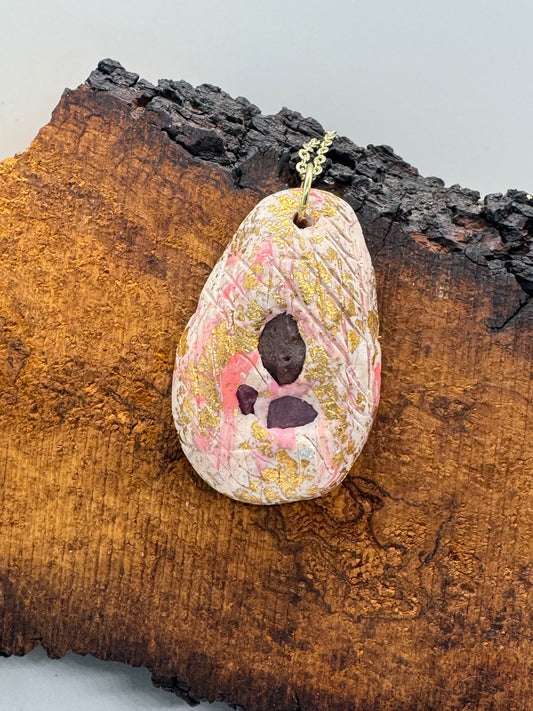 Raw ruby trio handmade pink clay necklace, gold chain