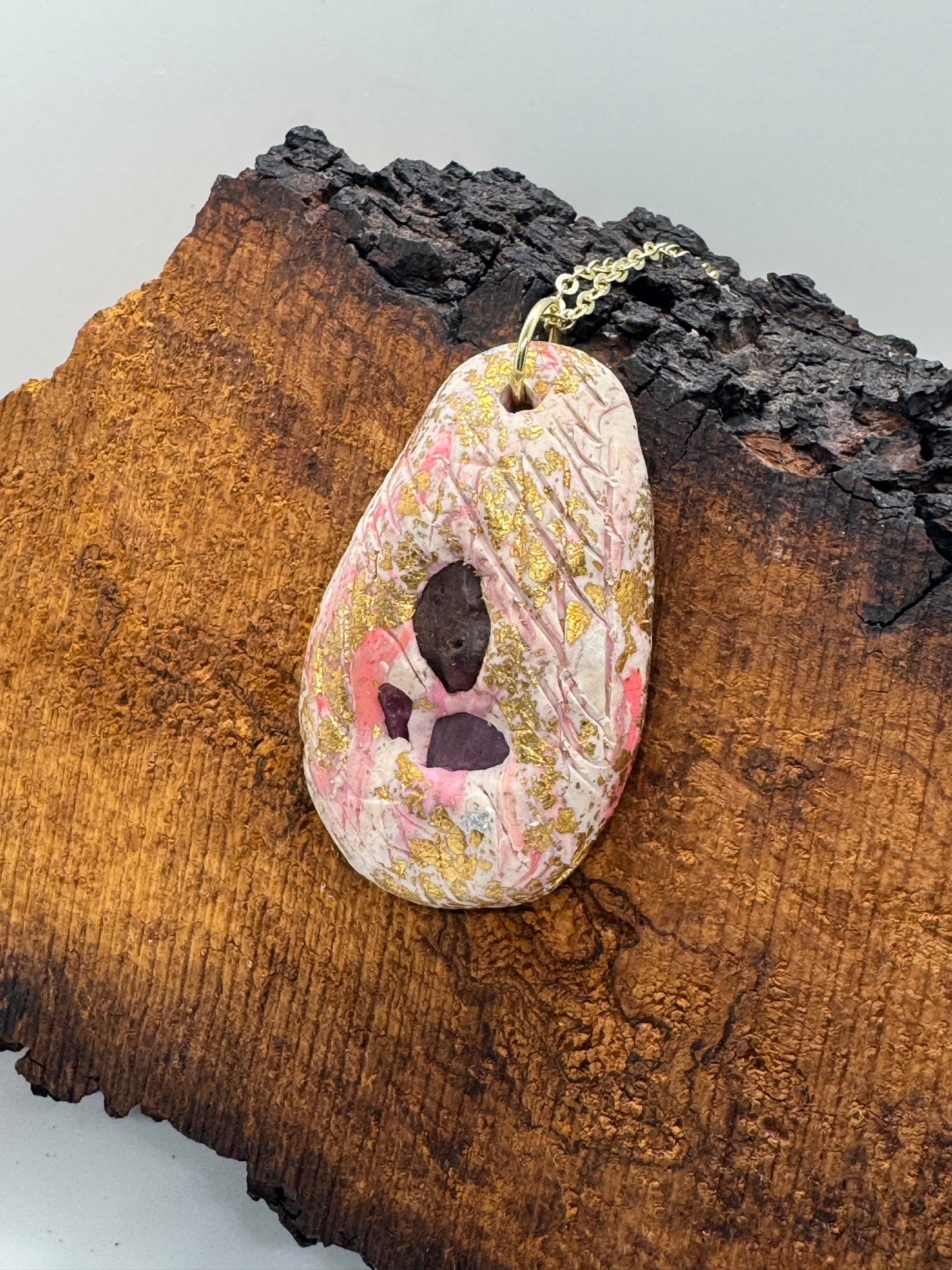 Raw ruby trio handmade pink clay necklace, gold chain