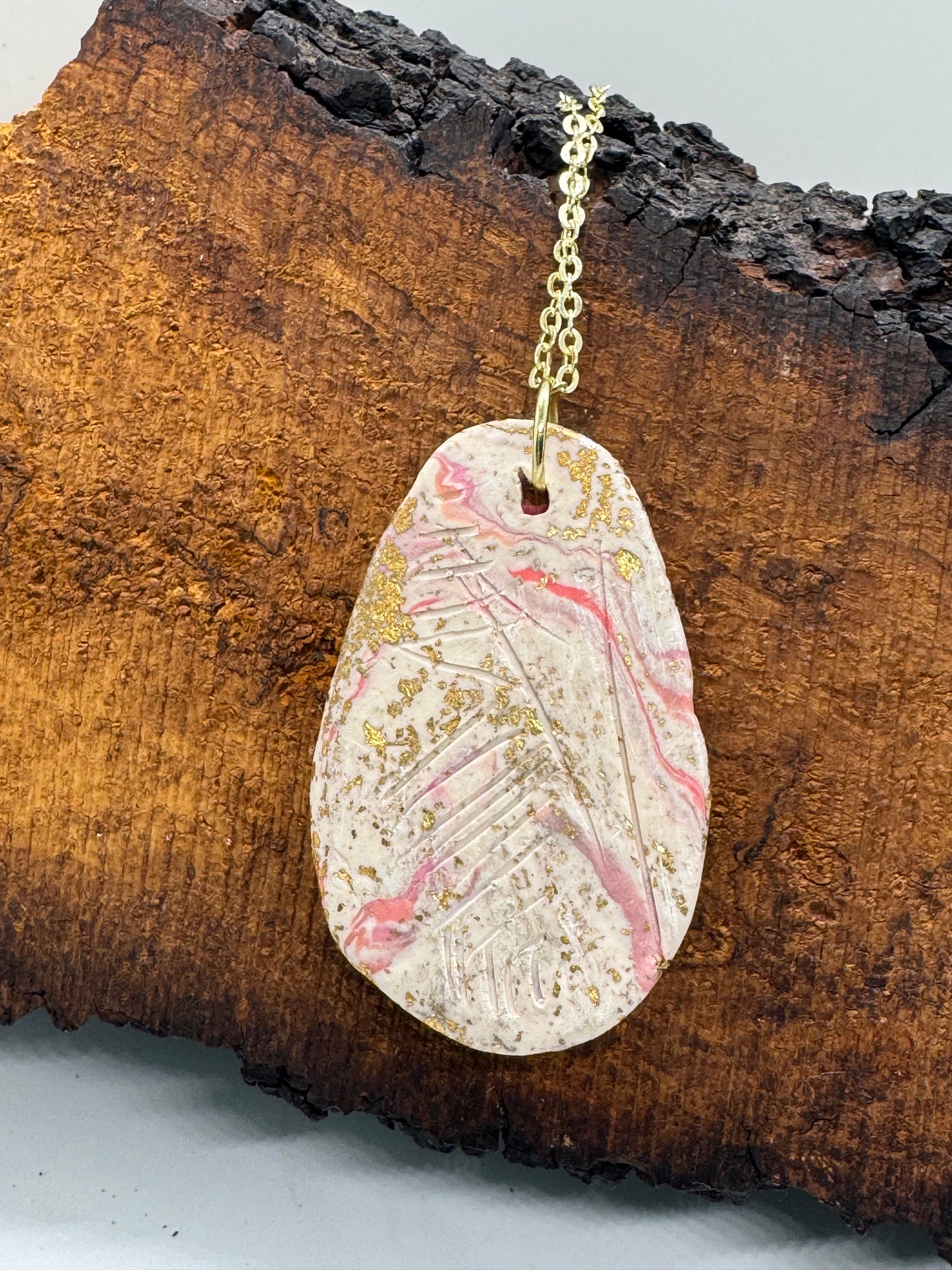 Raw ruby trio handmade pink clay necklace, gold chain