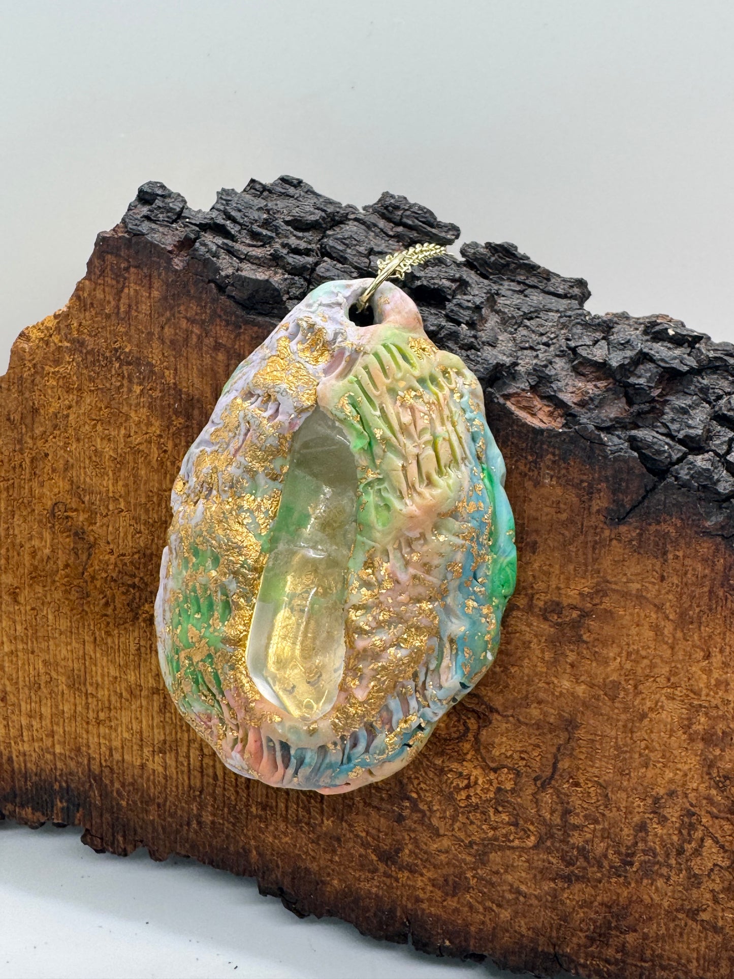 Rainbow clear quartz crystal large pendant necklace, gold chain