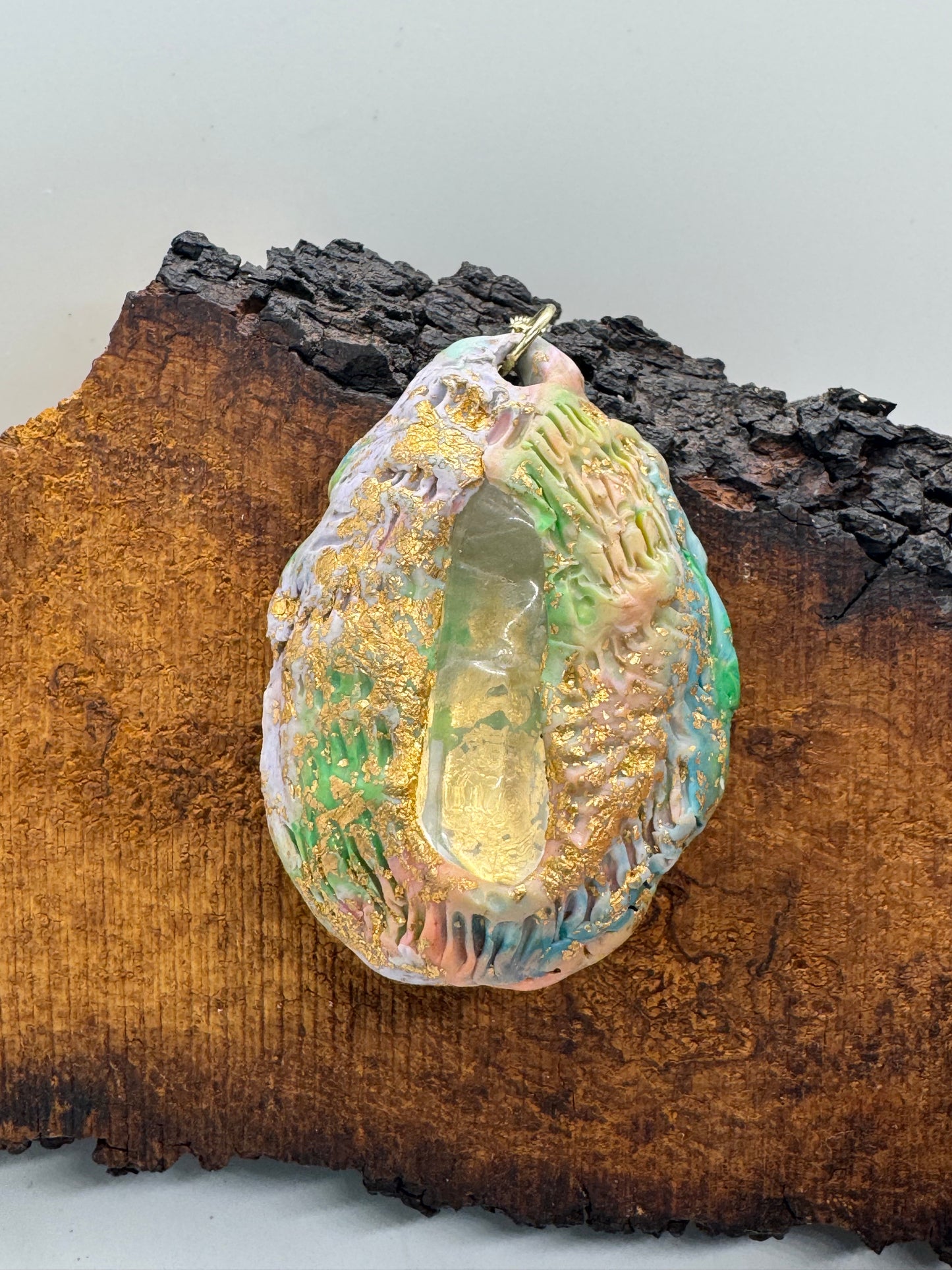 Rainbow clear quartz crystal large pendant necklace, gold chain