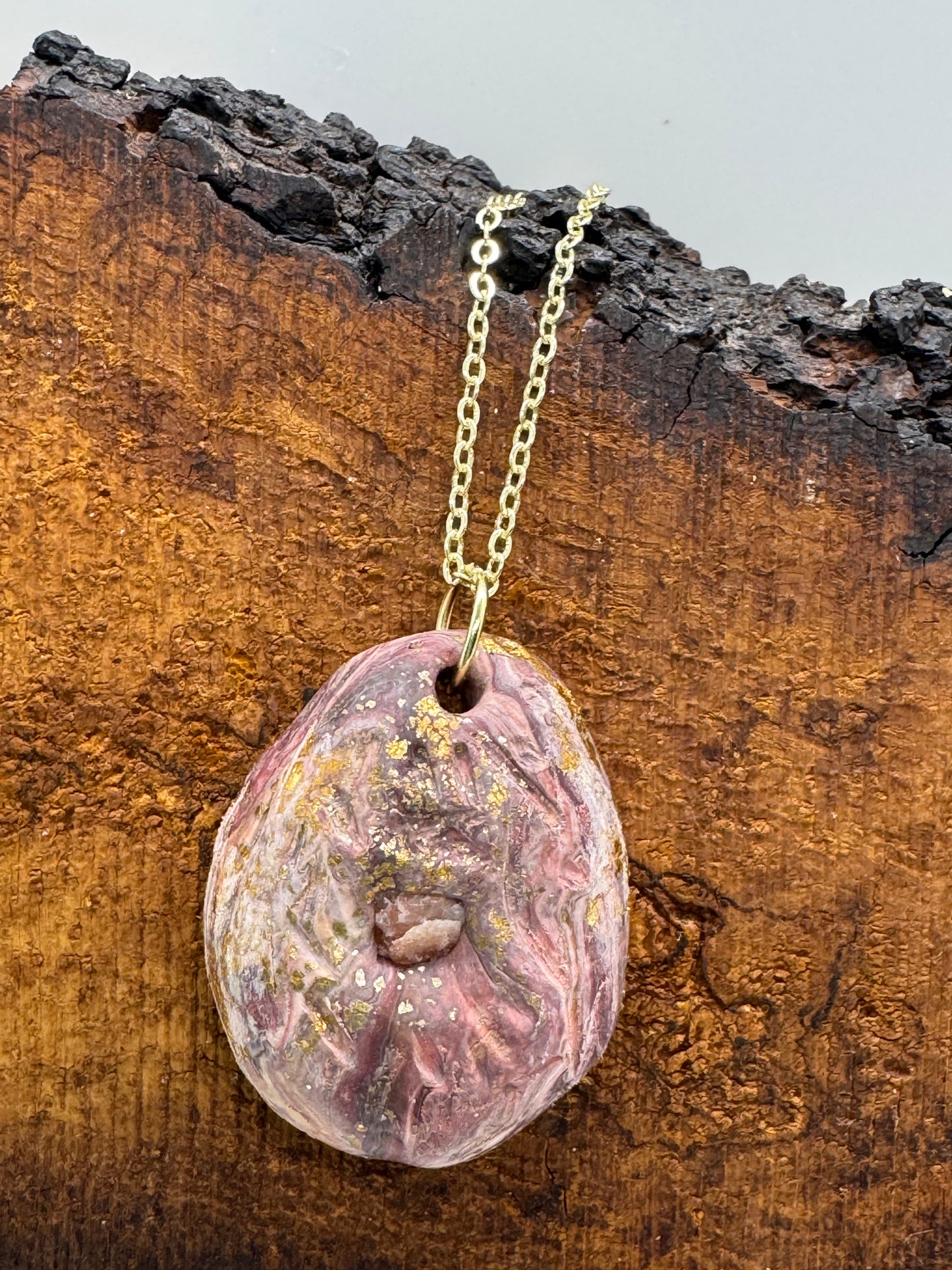 Raw sunstone hand-carved necklace, gold chain