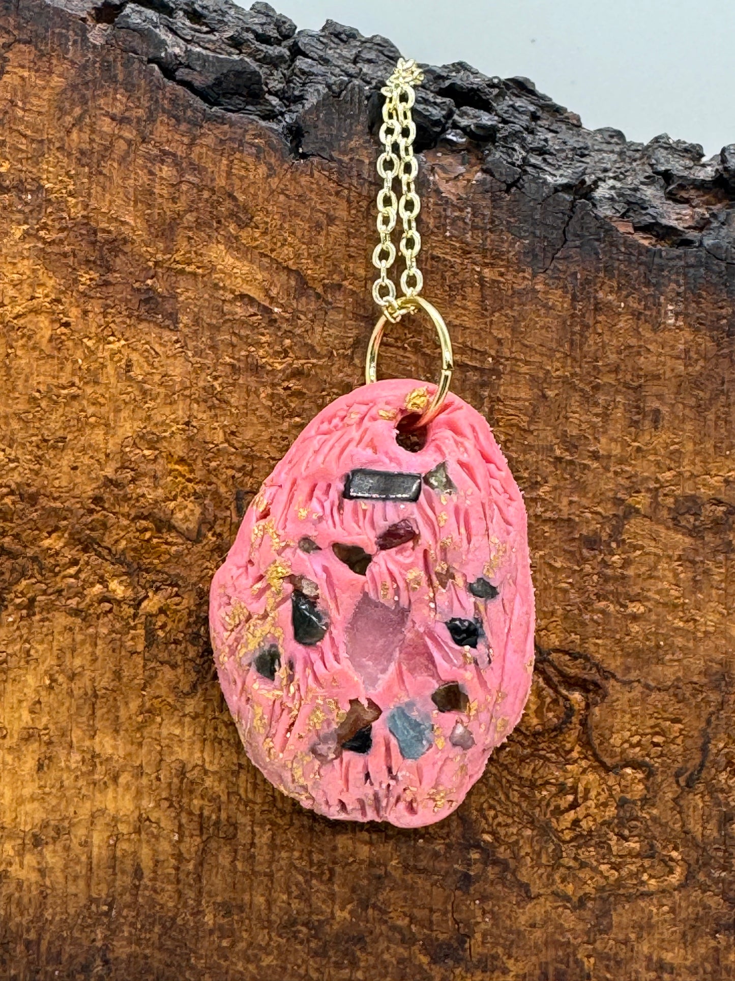 Pink rainbow tourmaline handmade clay necklace, gold chain *double-sided*