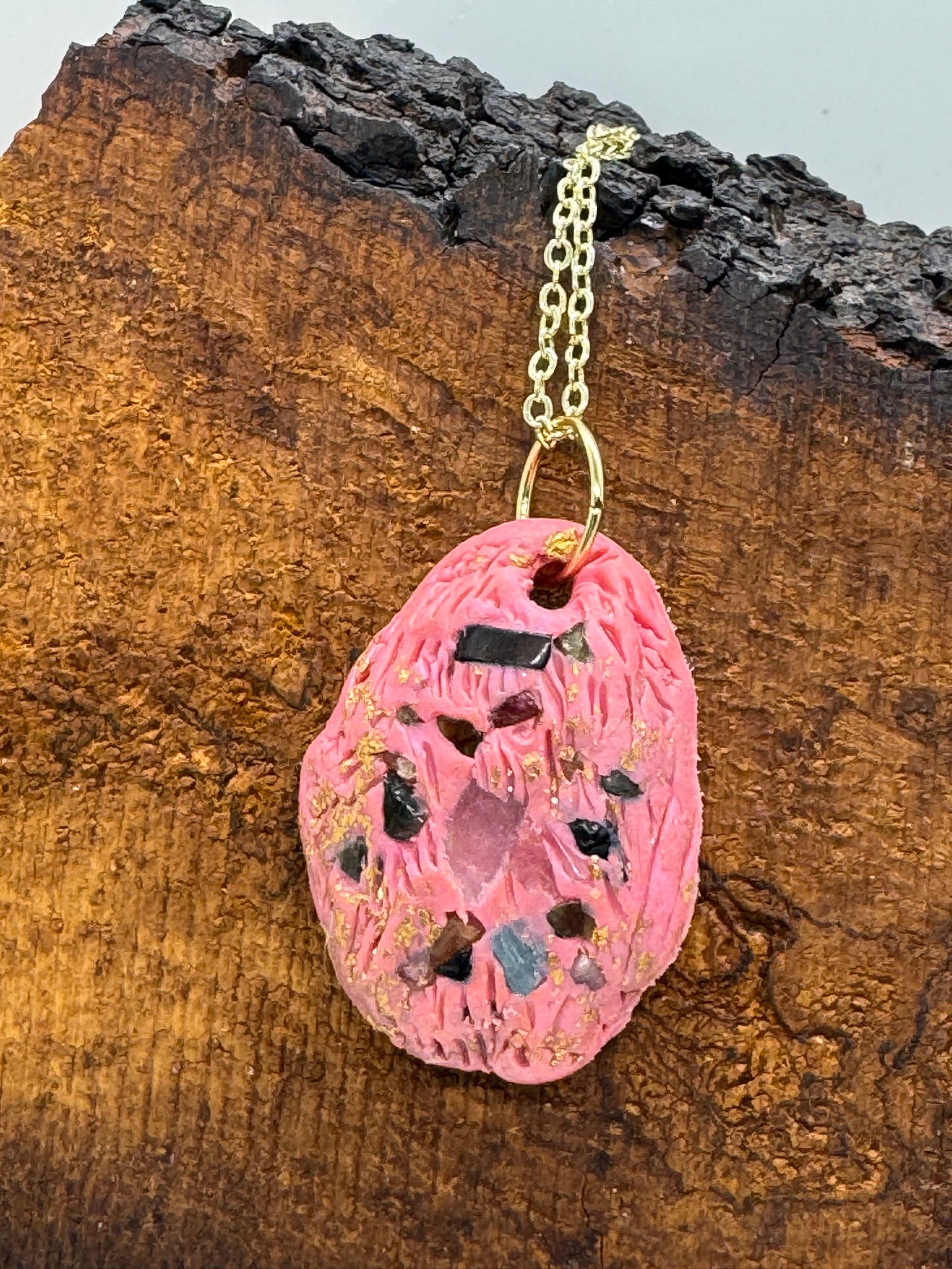 Pink rainbow tourmaline handmade clay necklace, gold chain *double-sided*