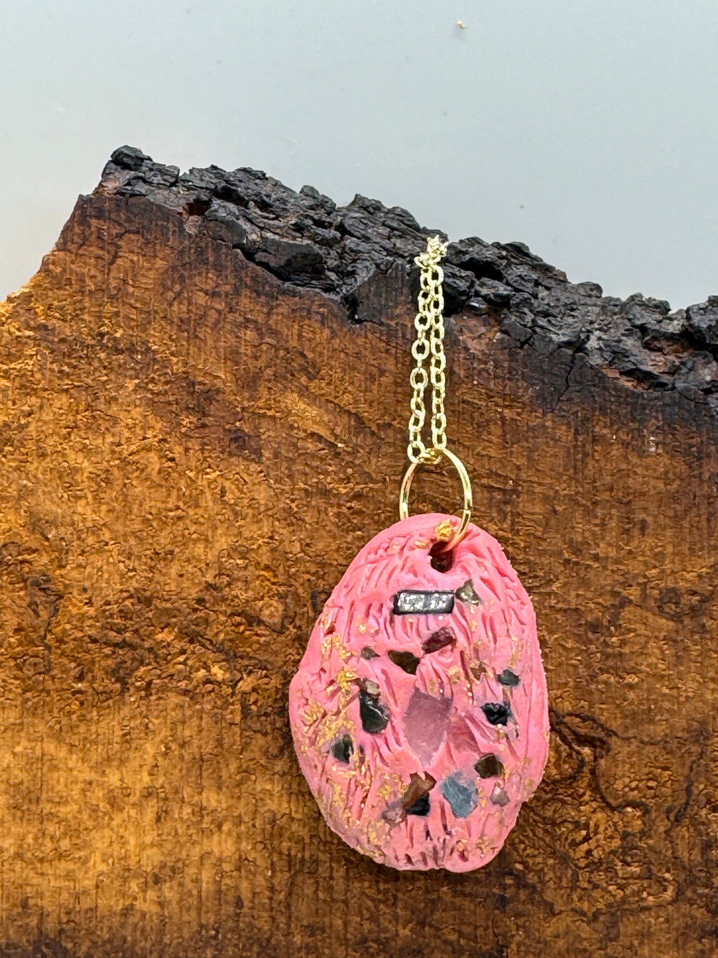 Pink rainbow tourmaline handmade clay necklace, gold chain *double-sided*