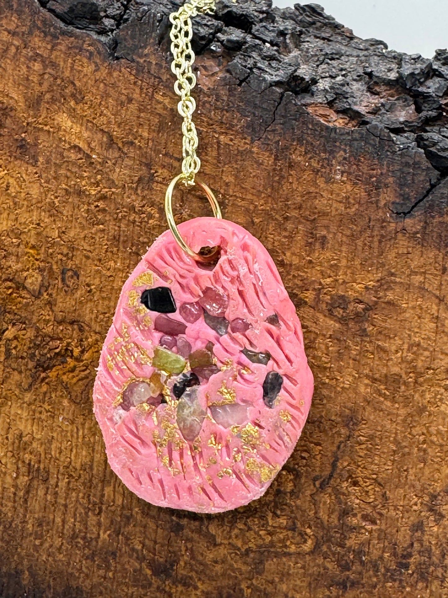 Pink rainbow tourmaline handmade clay necklace, gold chain *double-sided*