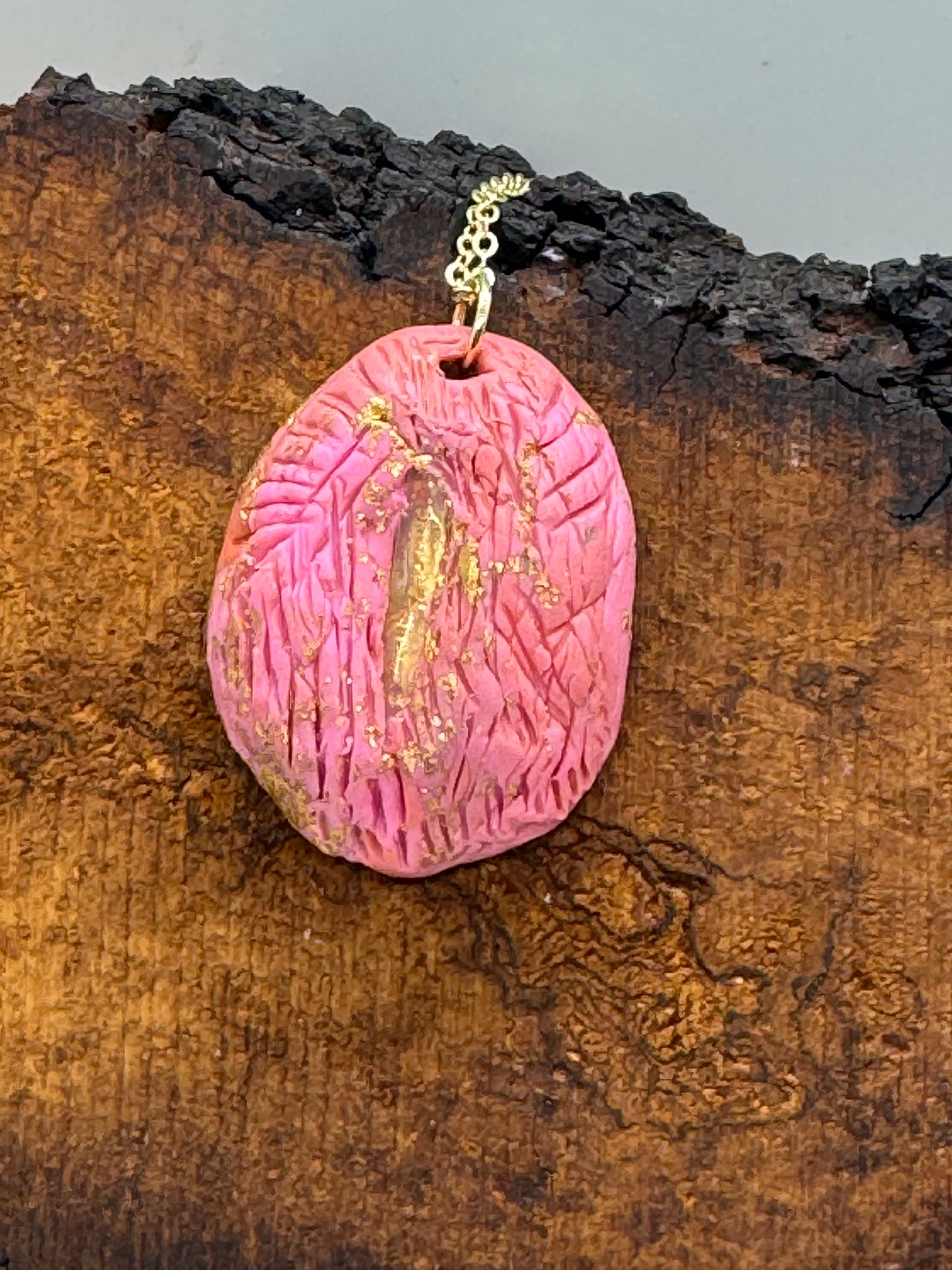 Pink clear quartz crystal handmade clay gold necklace