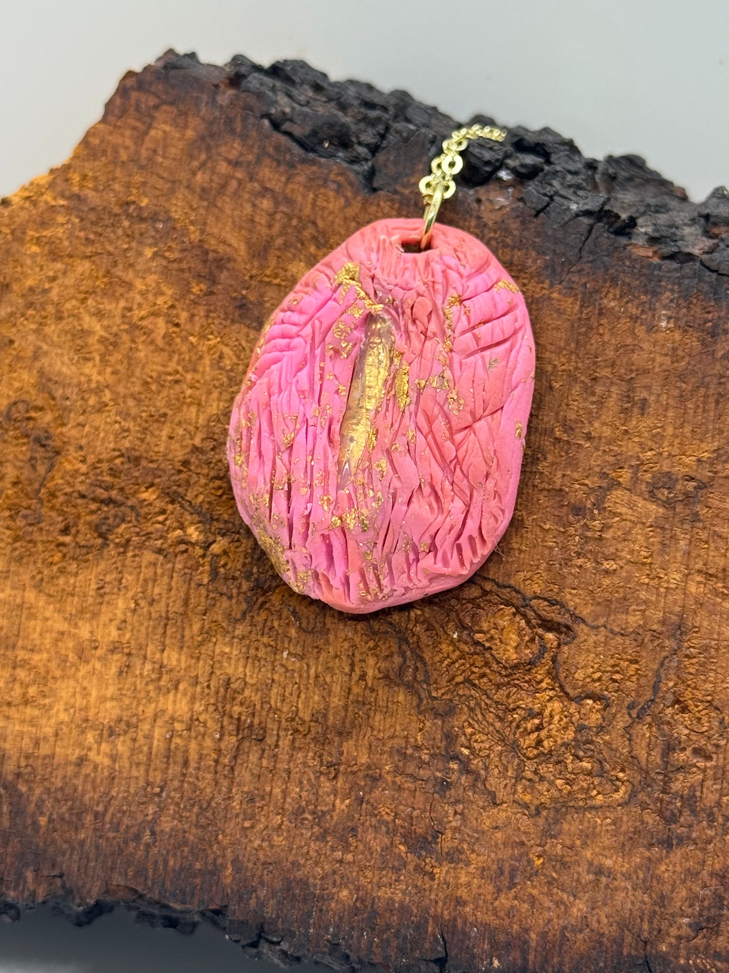 Pink clear quartz crystal handmade clay gold necklace