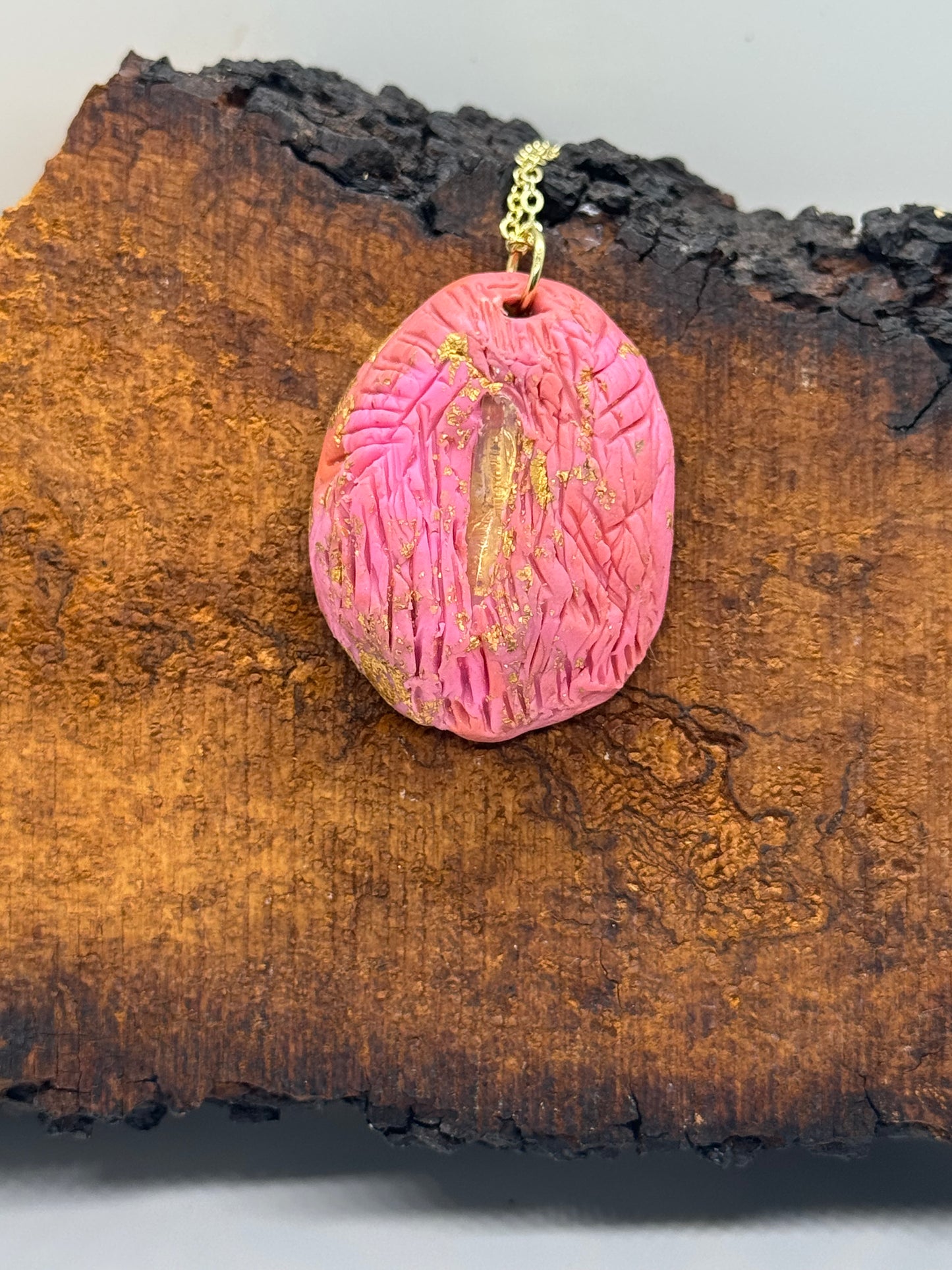 Pink clear quartz crystal handmade clay gold necklace