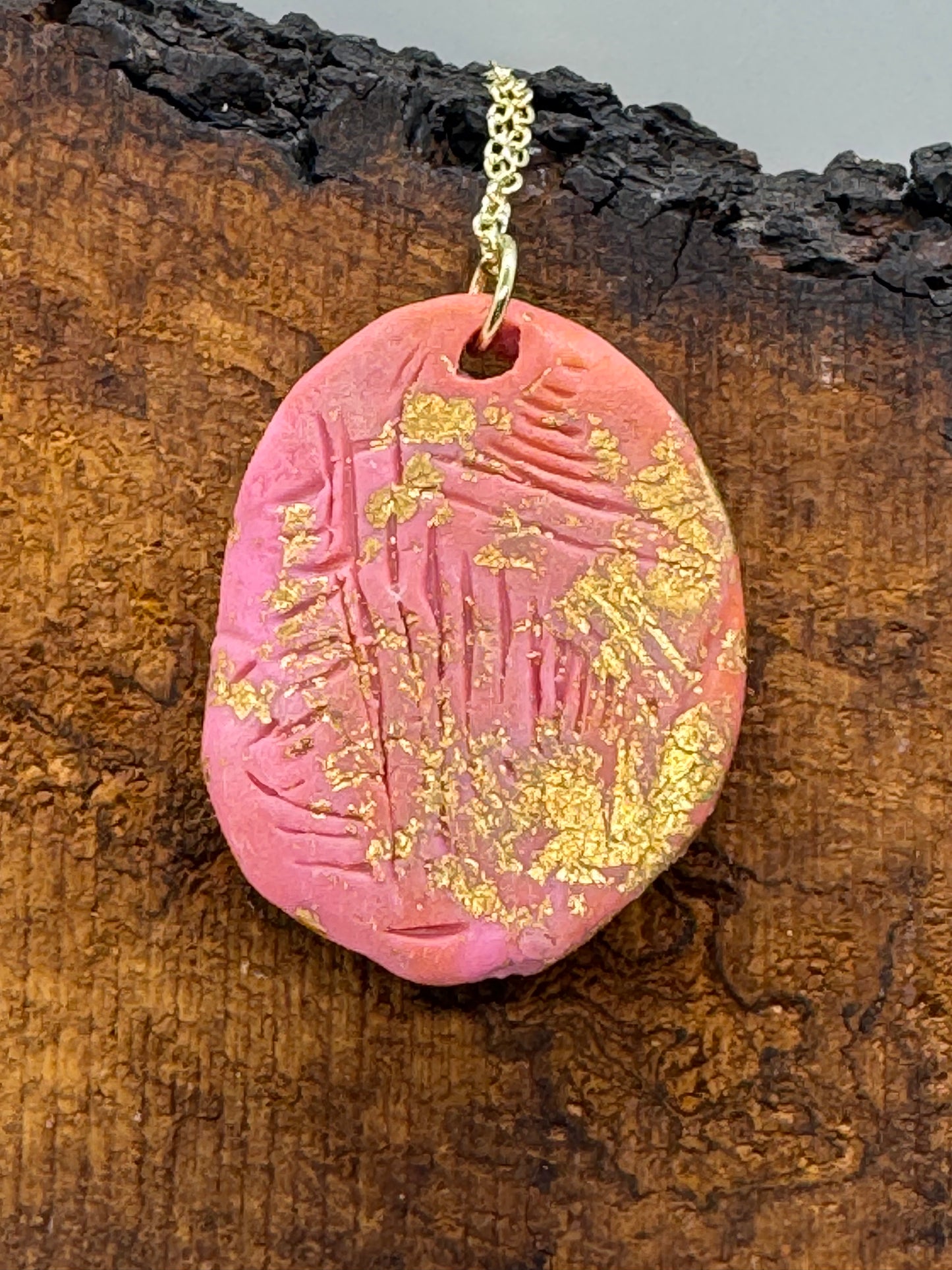 Pink clear quartz crystal handmade clay gold necklace