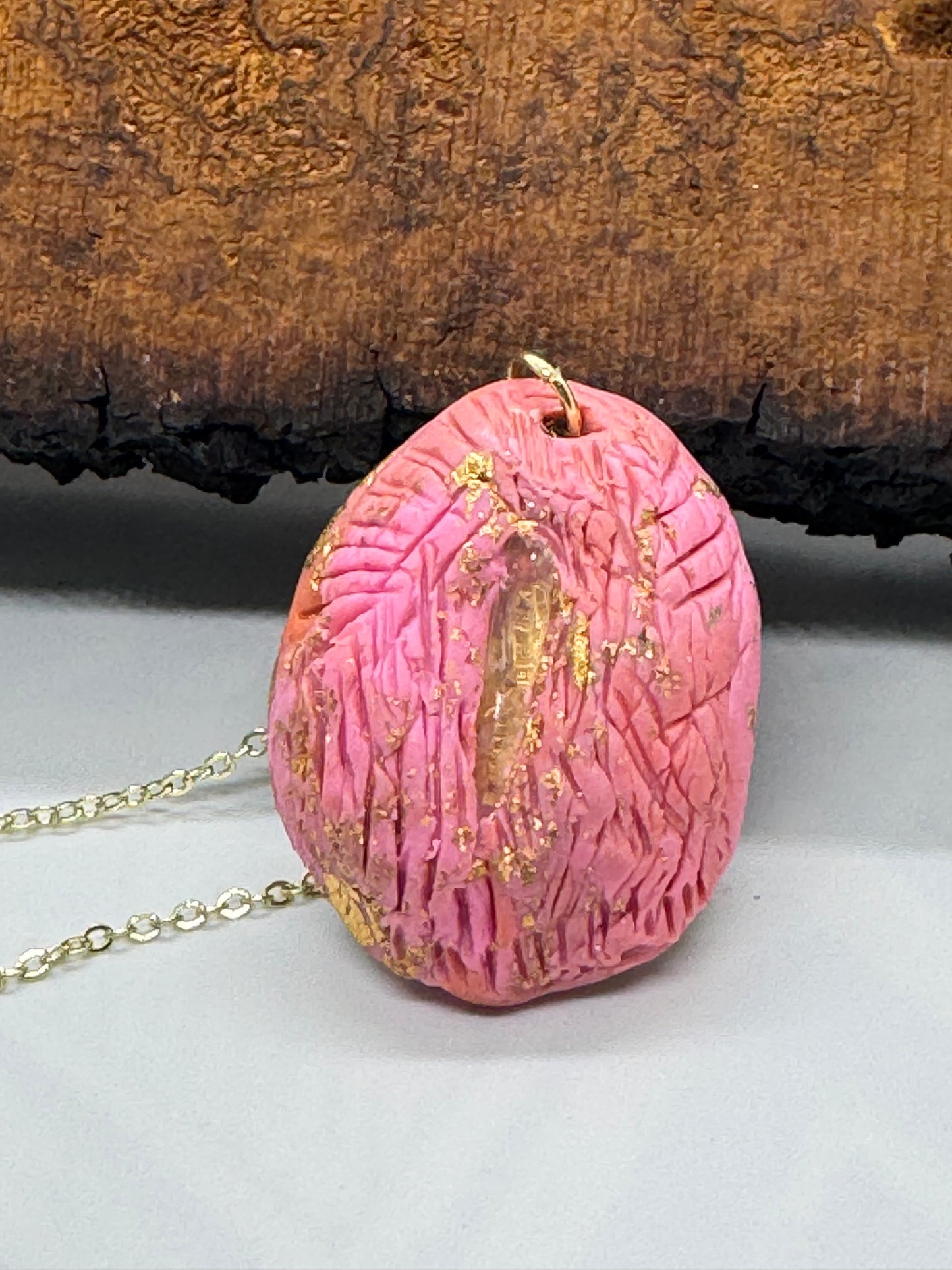 Pink clear quartz crystal handmade clay gold necklace