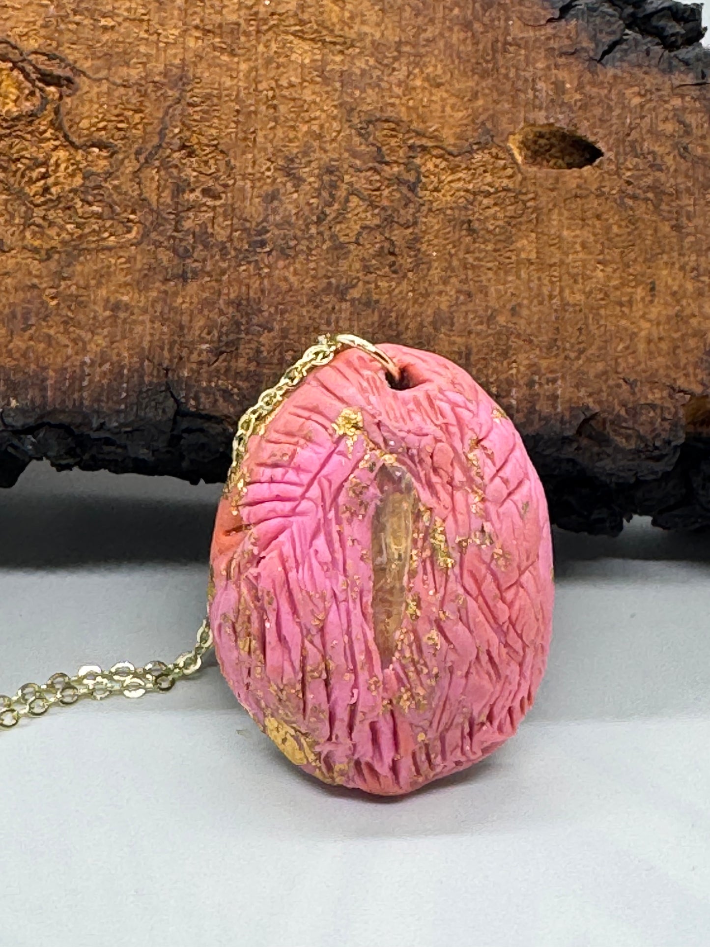 Pink clear quartz crystal handmade clay gold necklace