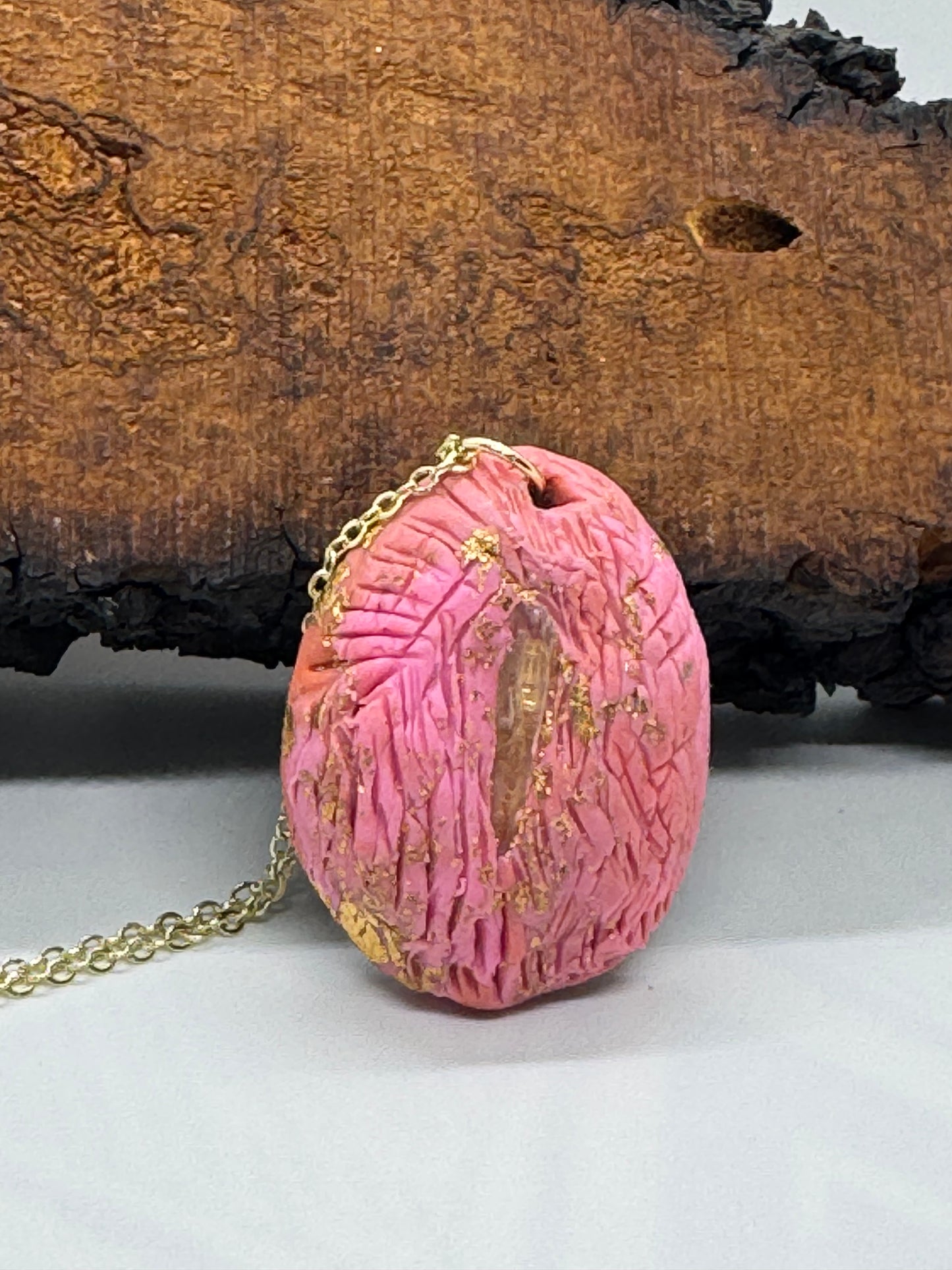 Pink clear quartz crystal handmade clay gold necklace