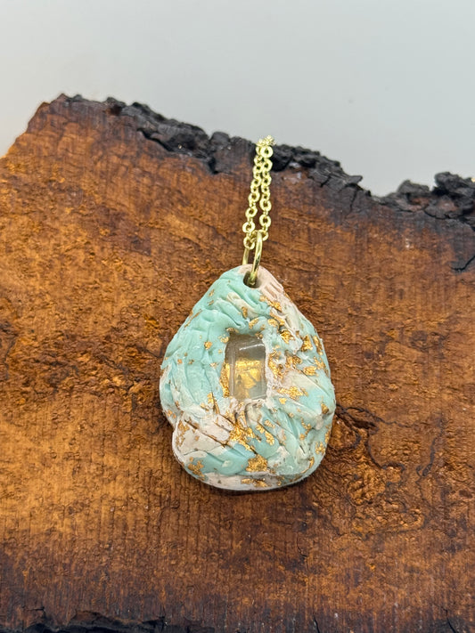 Clear quartz crystal blue and cream handmade necklace