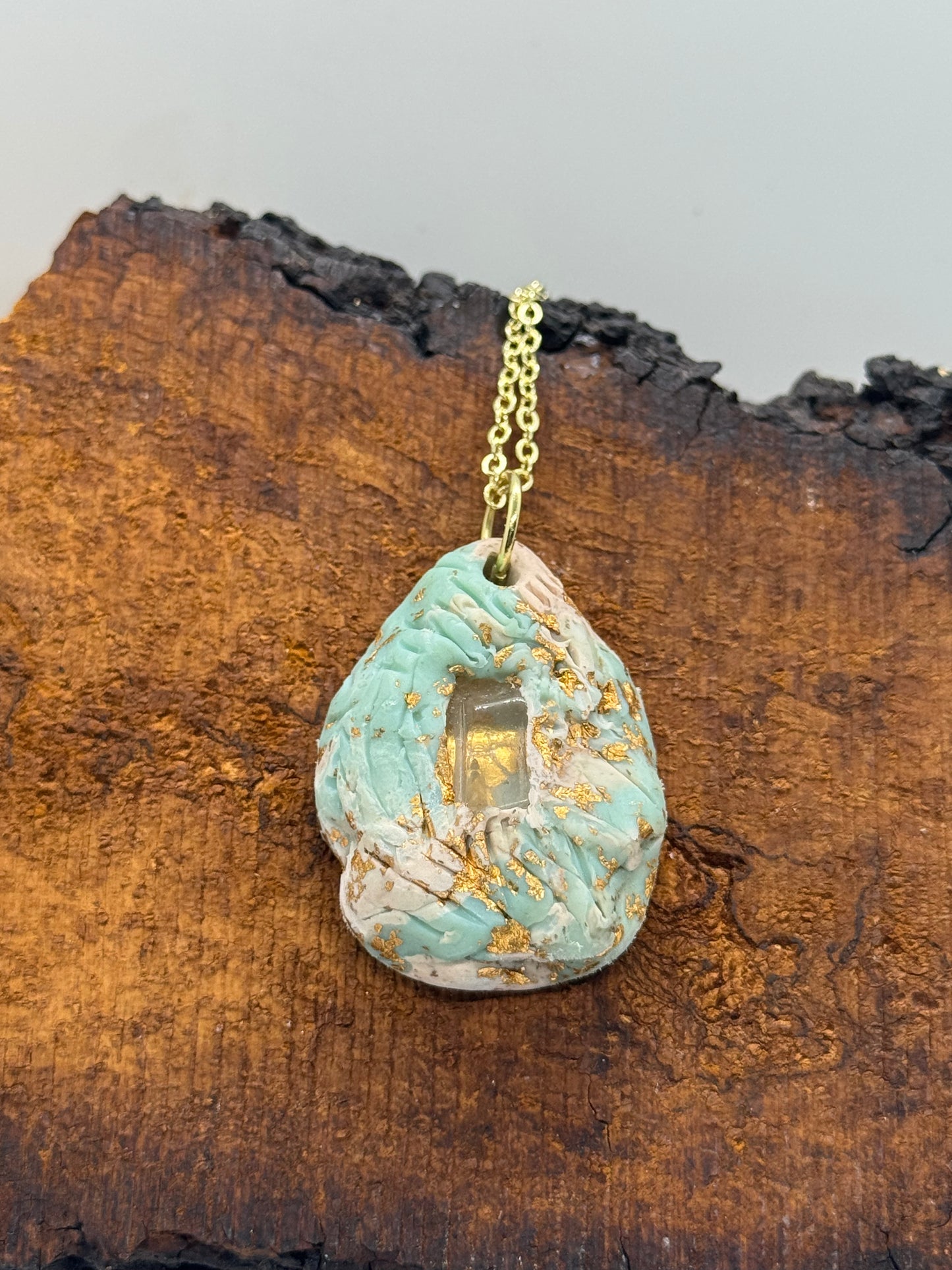 Clear quartz crystal blue and cream handmade necklace