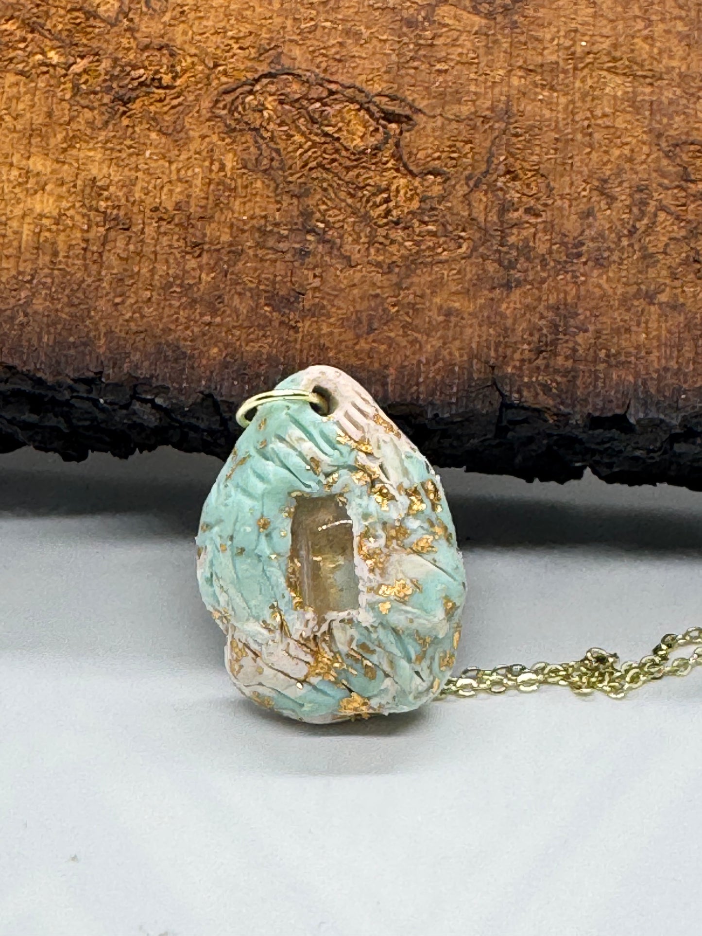 Clear quartz crystal blue and cream handmade necklace