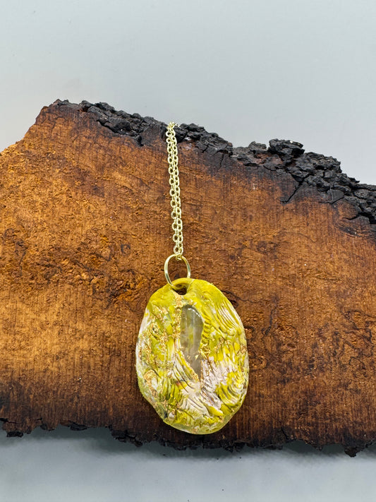 Green clear quartz crystal necklace on gold chain