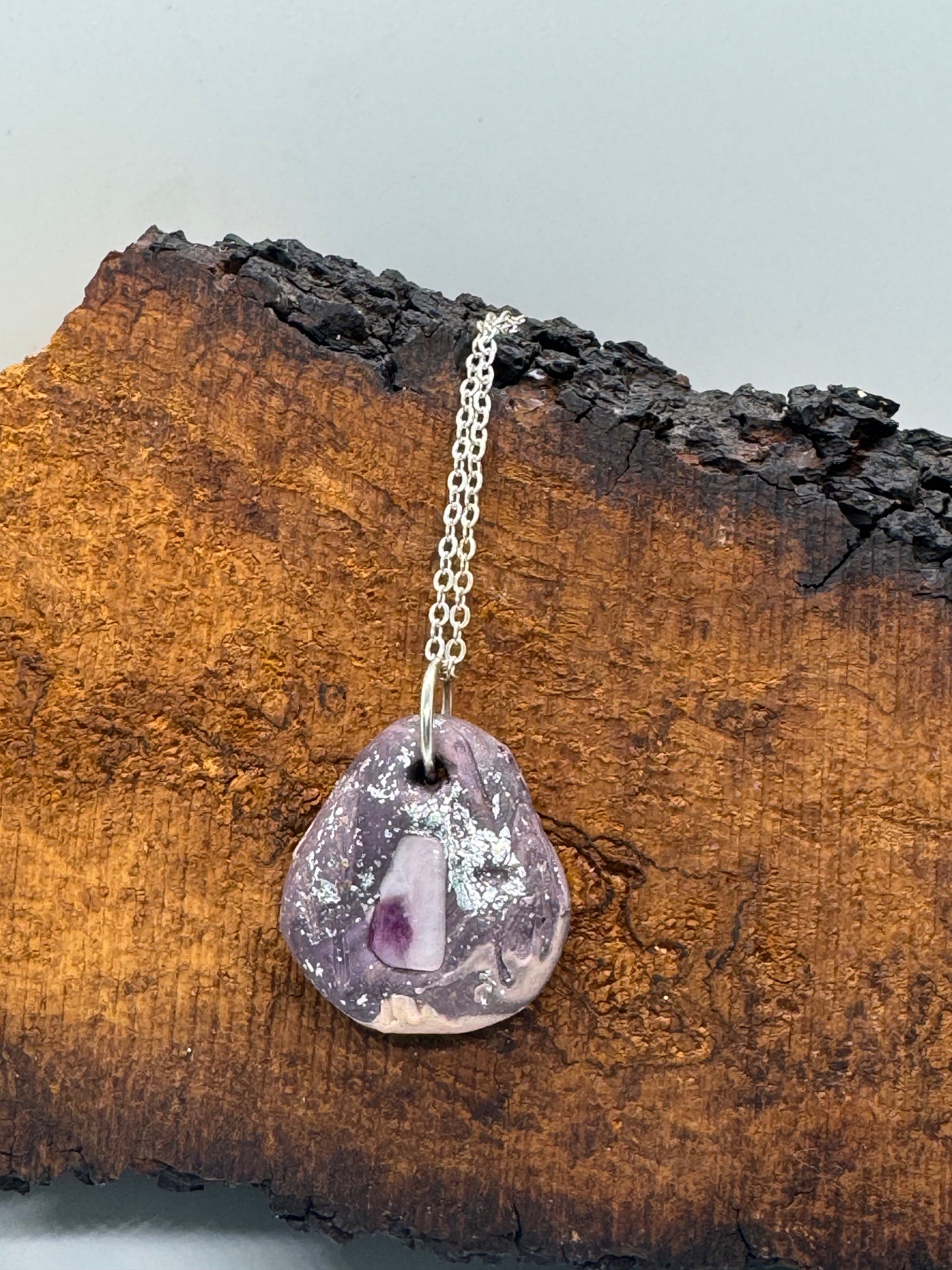Kunzite and clay necklace on silver chain