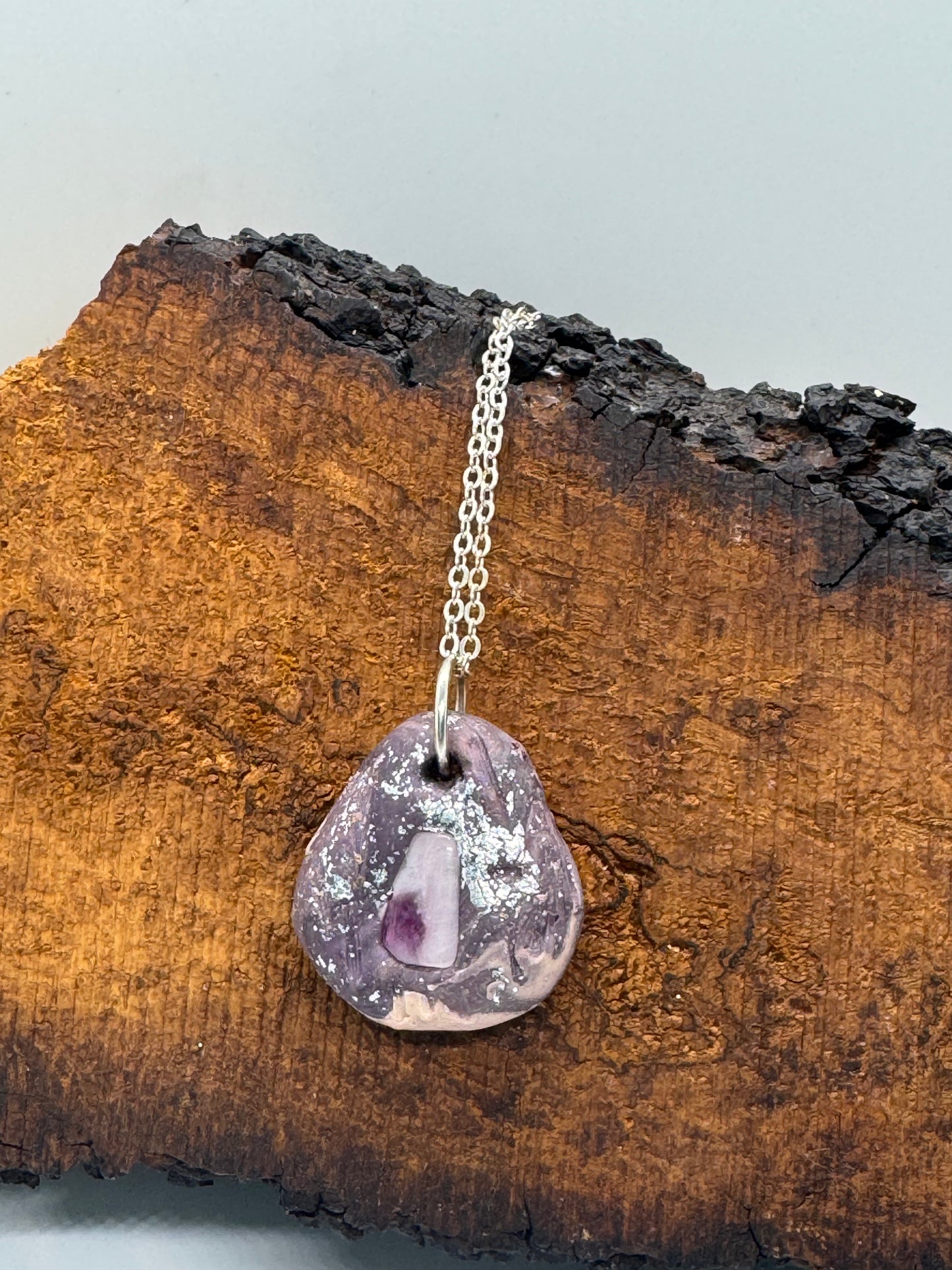 Kunzite and clay necklace on silver chain