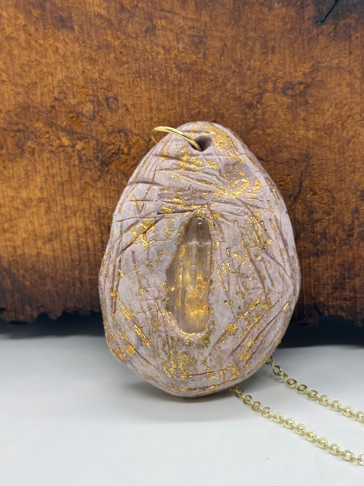 Clear quartz crystal handmade clay necklace