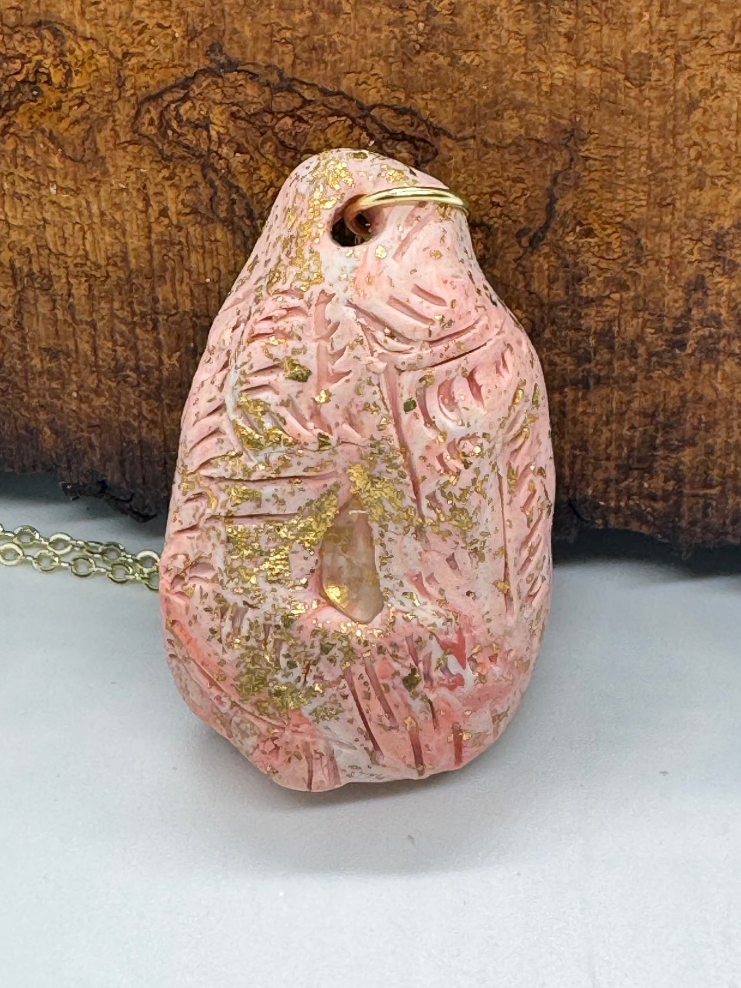 Oregon sunstone handmade pink clay necklace