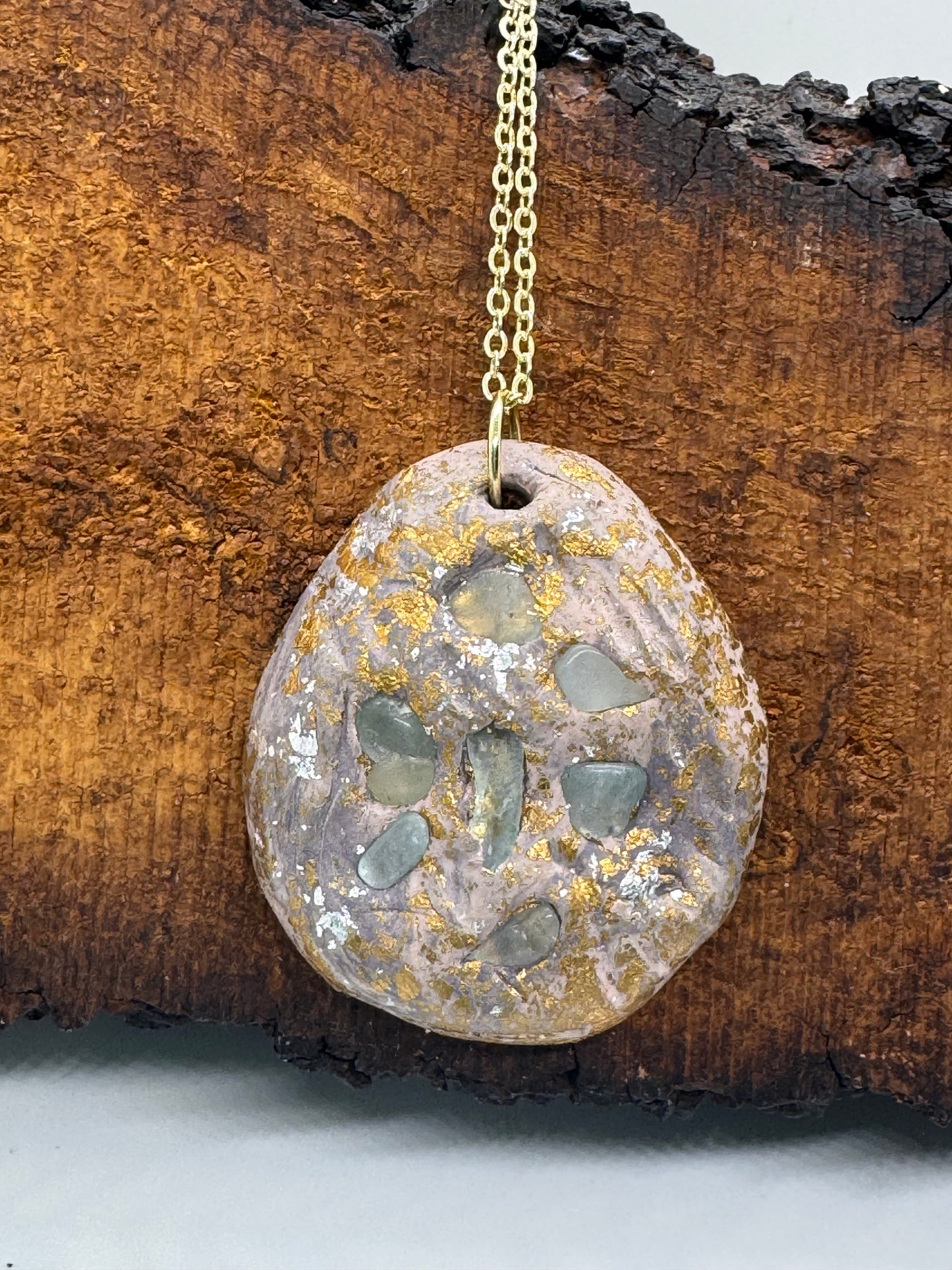 Aquamarine cluster and clay handmade gold necklace