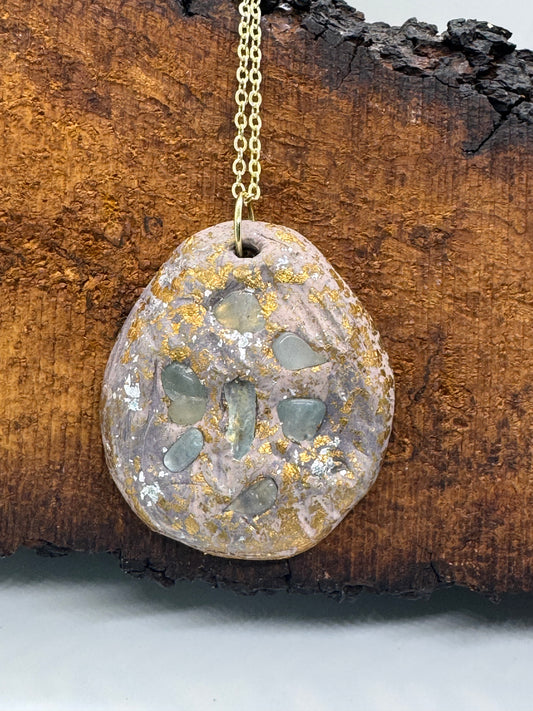 Aquamarine cluster and clay handmade gold necklace