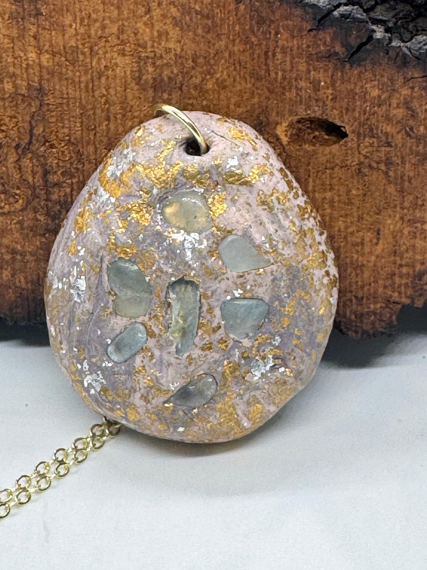 Aquamarine cluster and clay handmade gold necklace