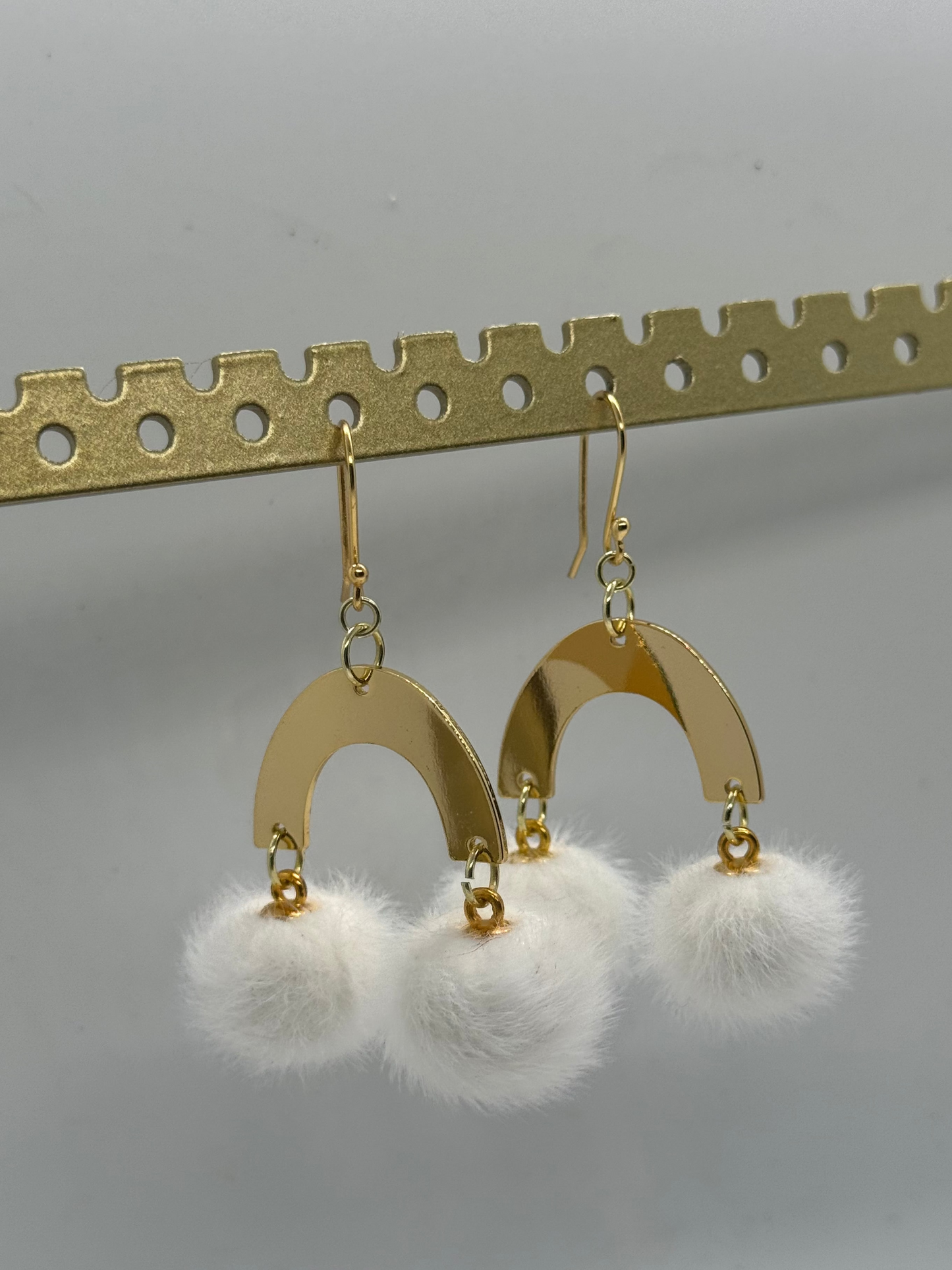 Golden rainbow puffball cloud earrings