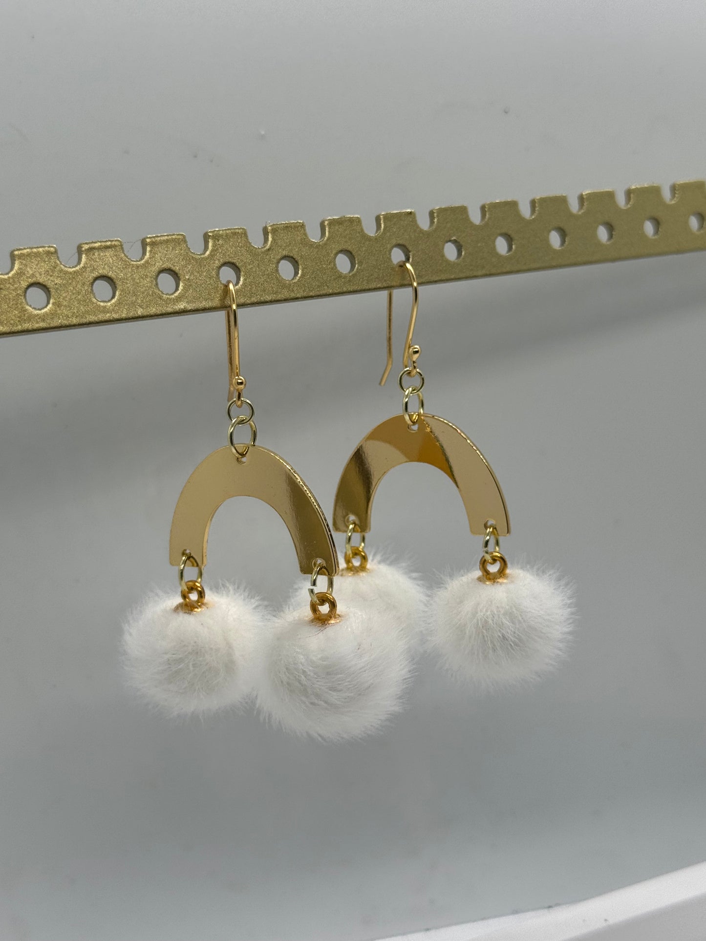 Golden rainbow puffball cloud earrings