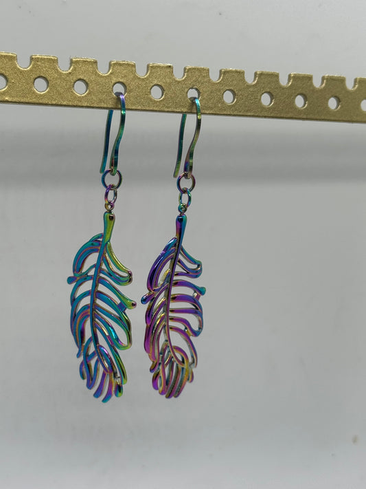 Iridescent purple feather earrings