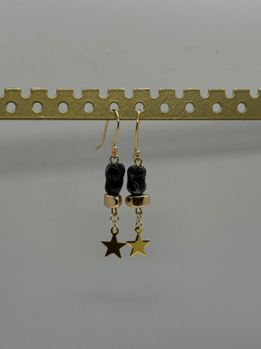 Black jasper gold star earrings