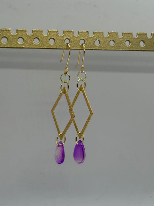 Purple and gold brass dangle earrings
