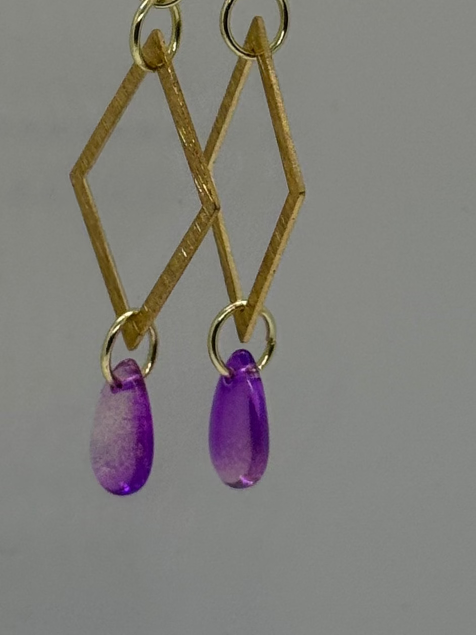 Purple and gold brass dangle earrings