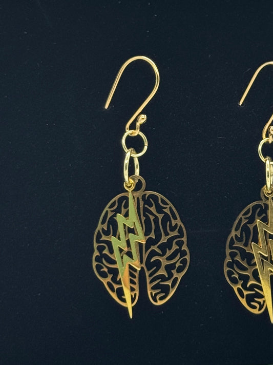 Brain and lightning gold earrings
