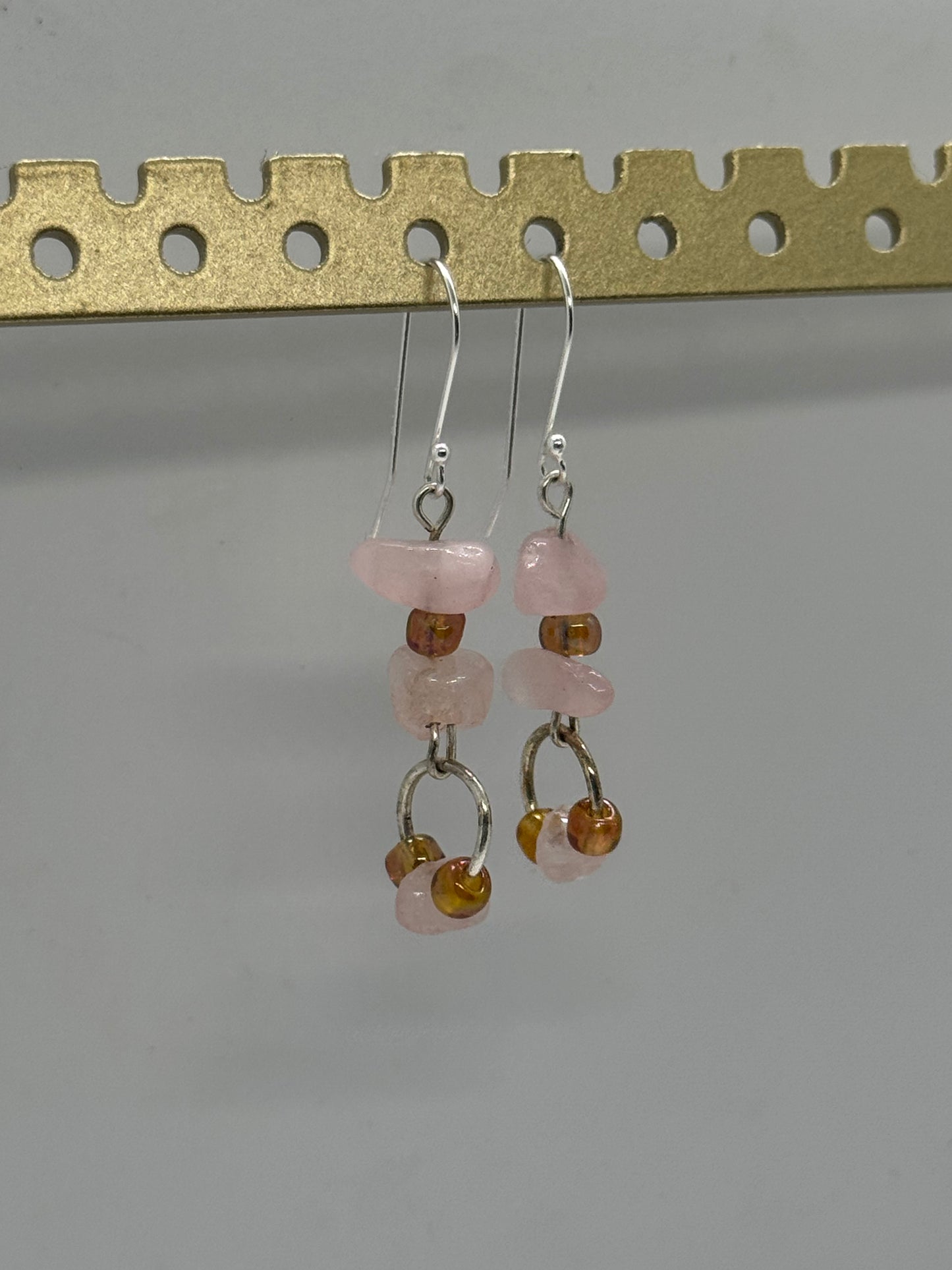 Rose quartz and glass beads silver earrings