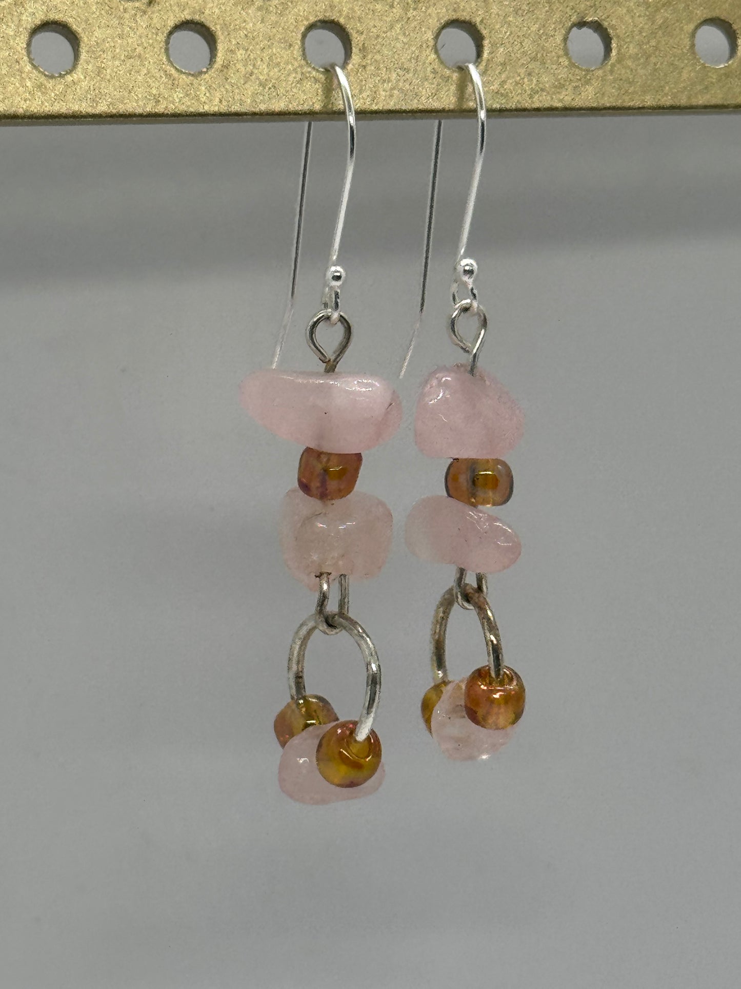 Rose quartz and glass beads silver earrings