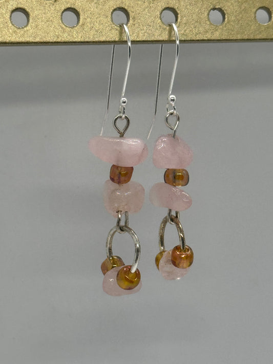 Rose quartz and glass beads silver earrings