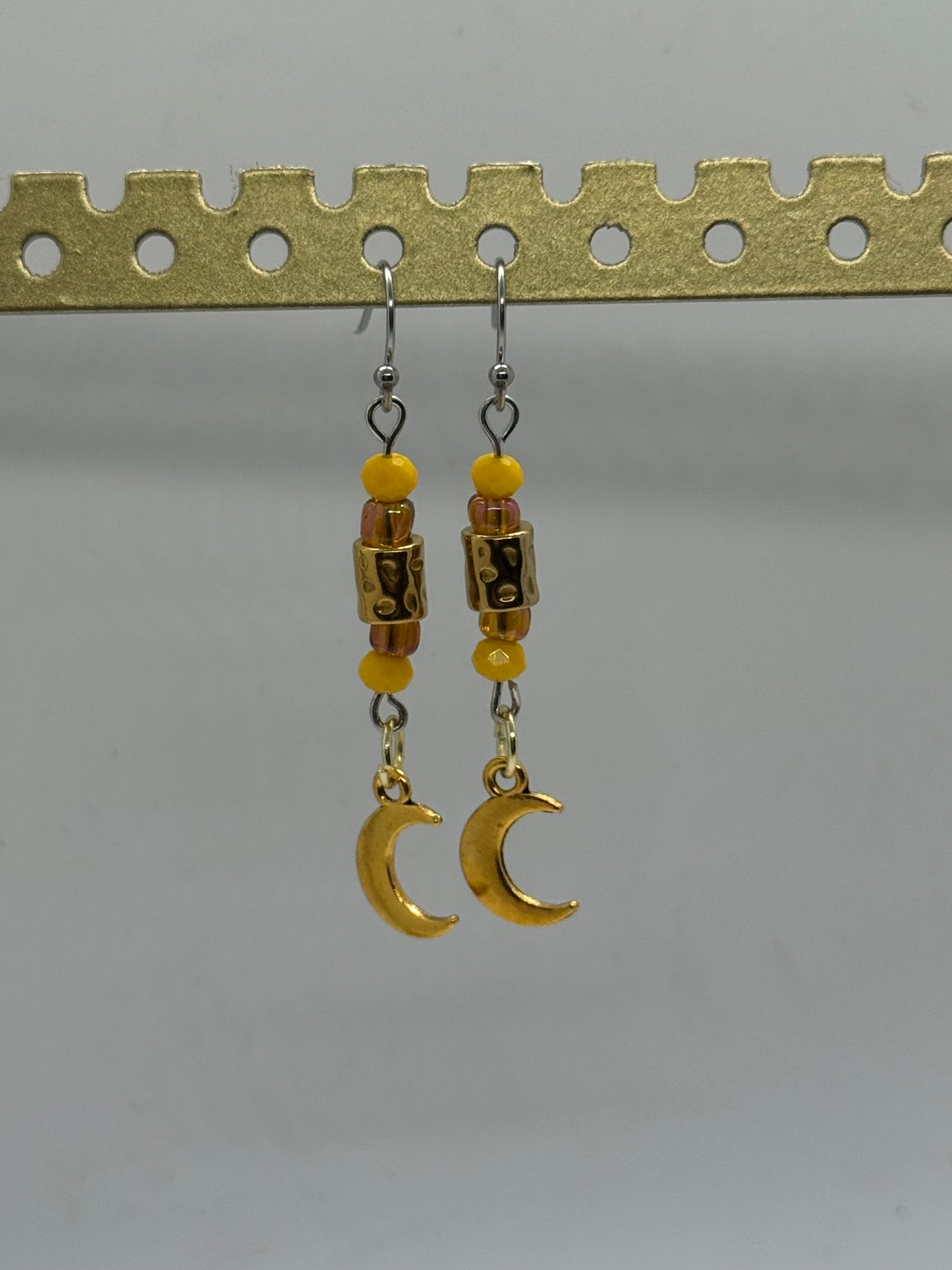 Warm crescent moon and glass bead earrings