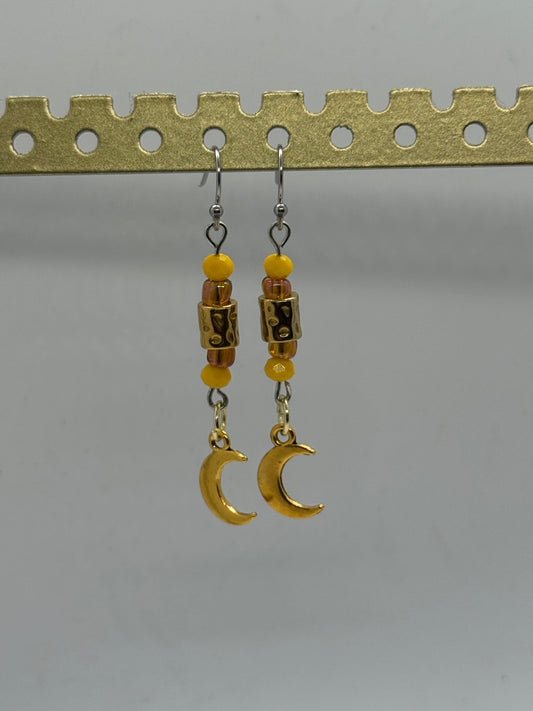 Warm crescent moon and glass bead earrings