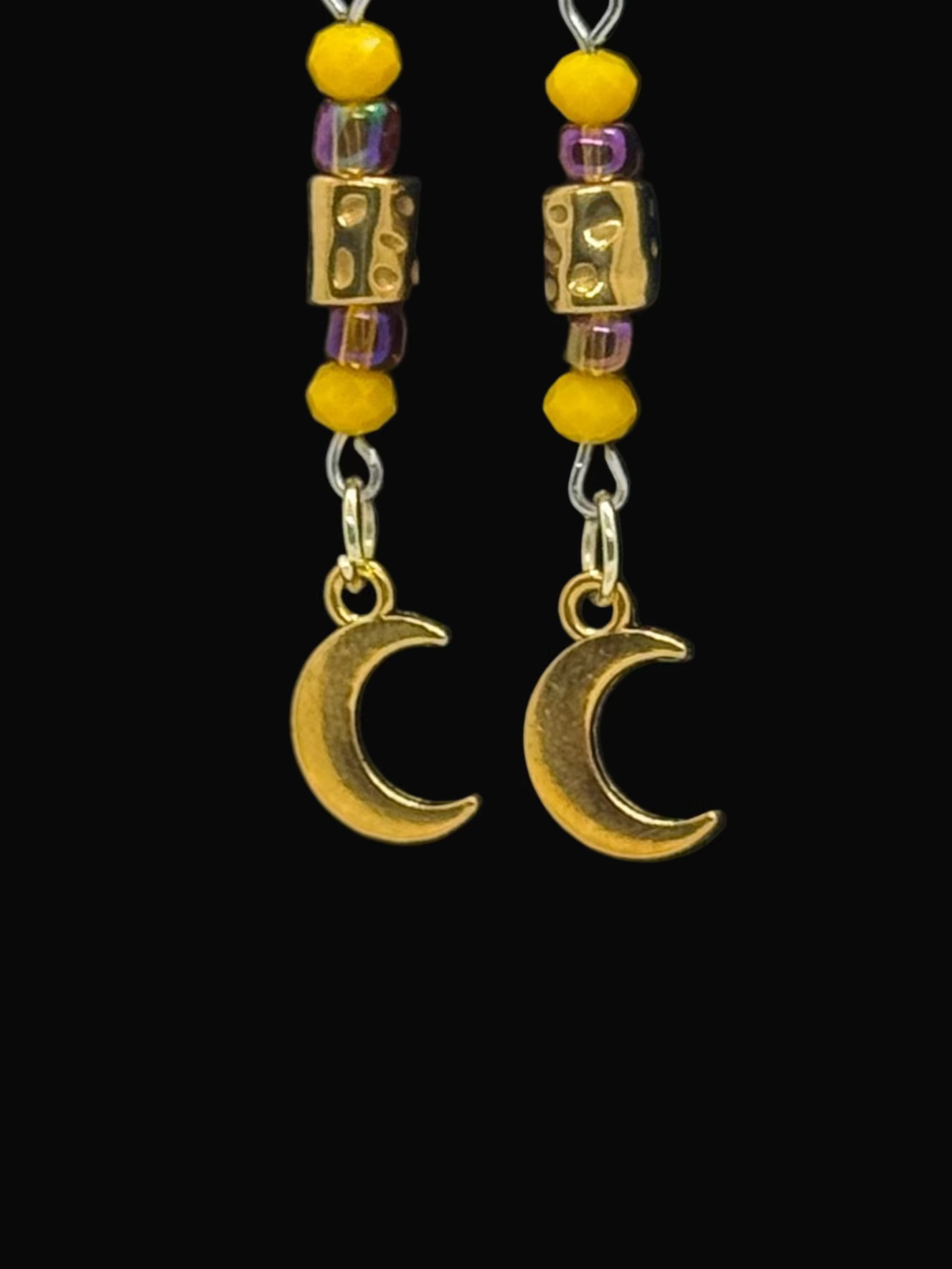 Warm crescent moon and glass bead earrings