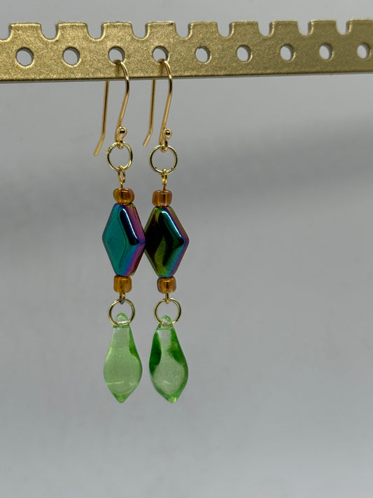 Green glass oil spill earrings