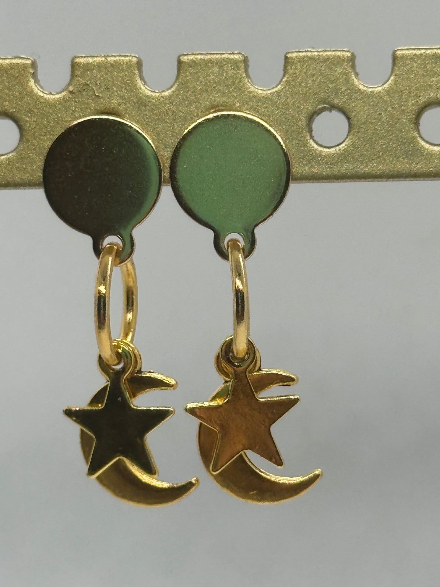 Crescent moon and star gold drop earrings