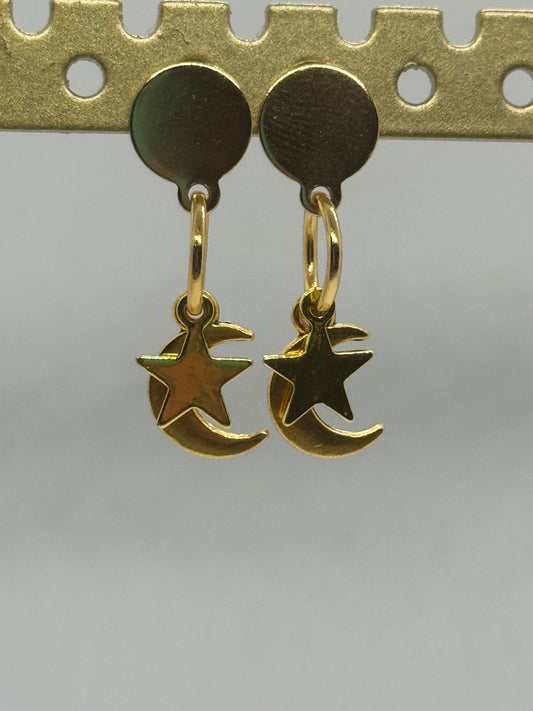 Crescent moon and star gold drop earrings