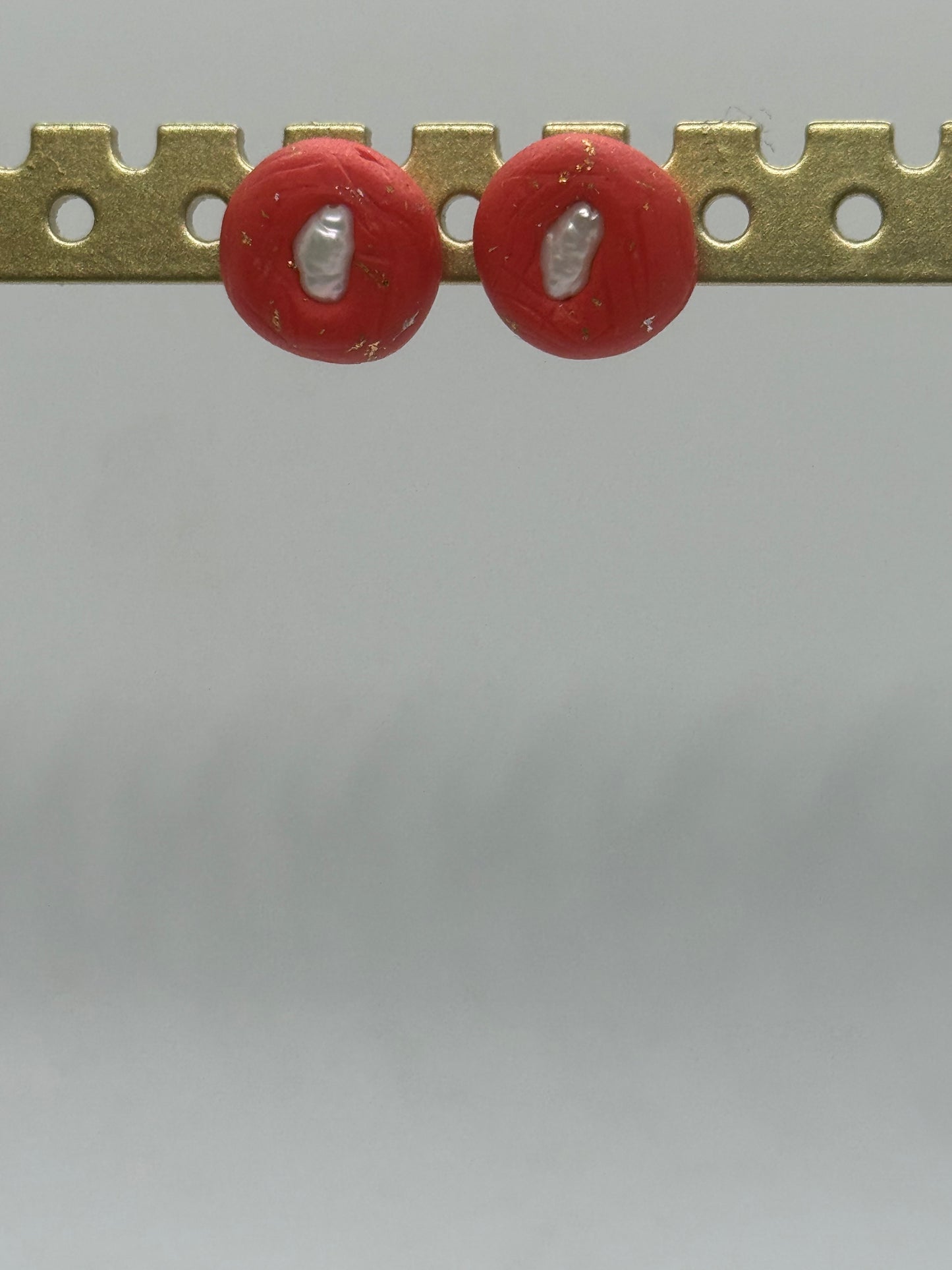 Pearl and clay red stud earrings