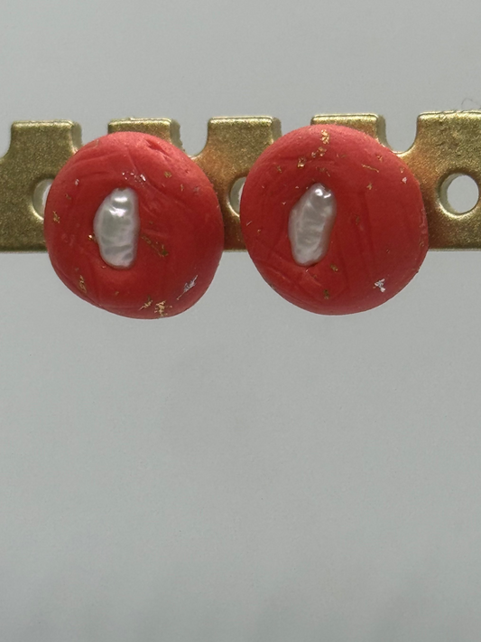 Pearl and clay red stud earrings