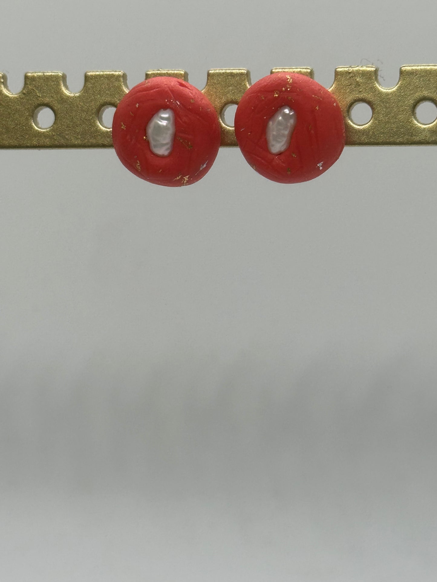 Pearl and clay red stud earrings