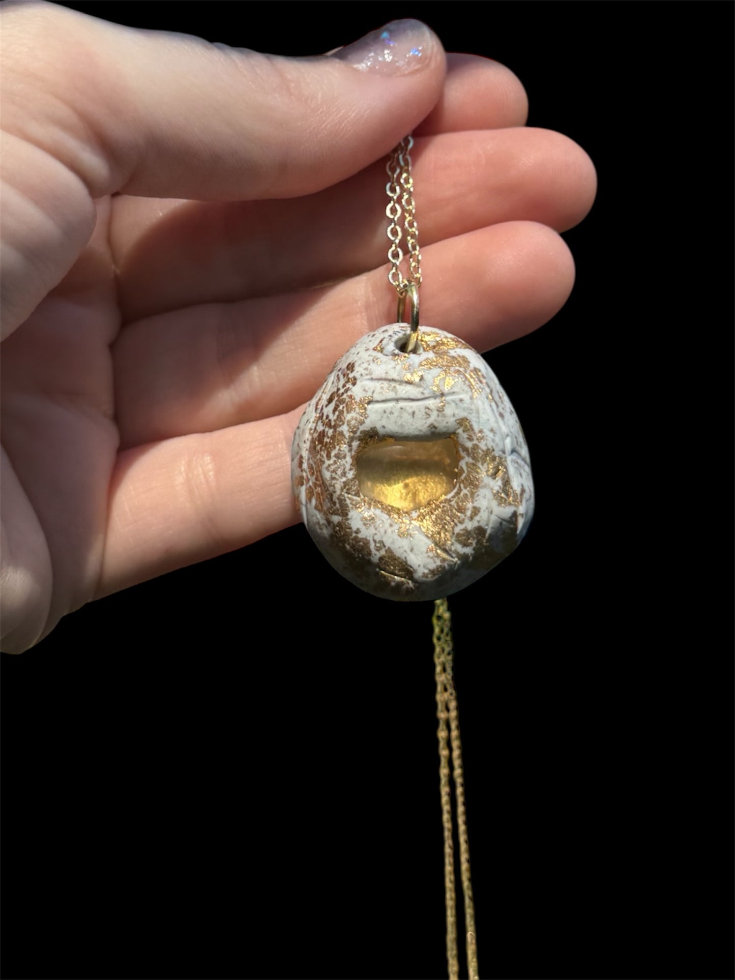 Oregon sunstone and clay pendant necklace, handmade, 14K gold plating