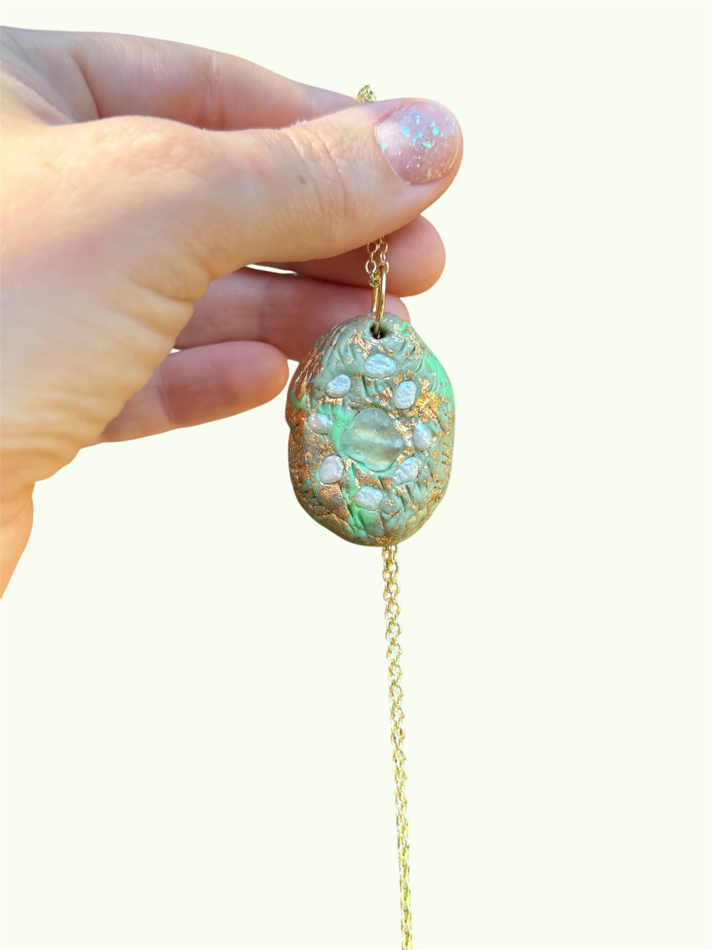 Pearl and fluorite mint green clay necklace, handmade, 14K gold plating