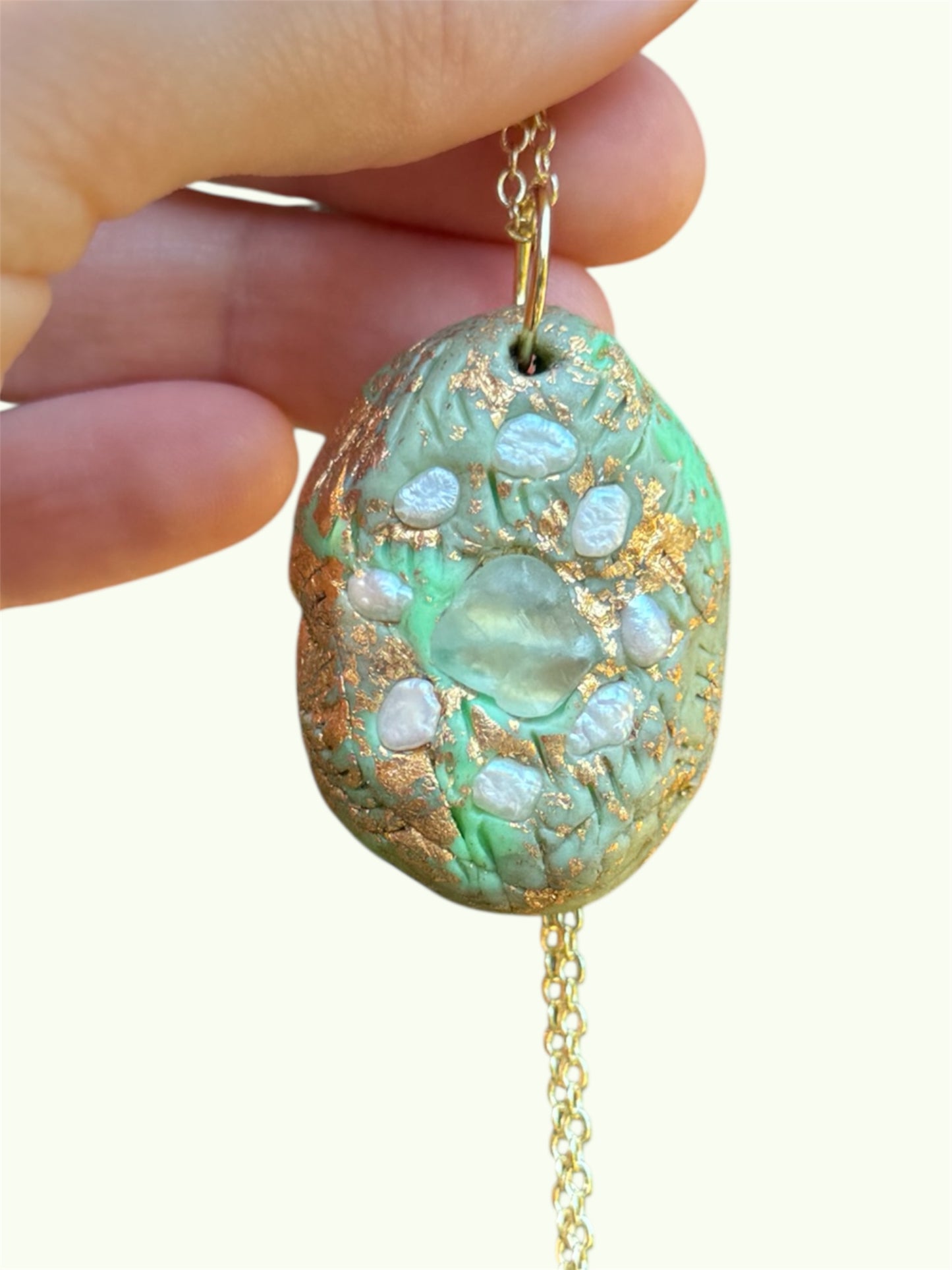 Pearl and fluorite mint green clay necklace, handmade, 14K gold plating